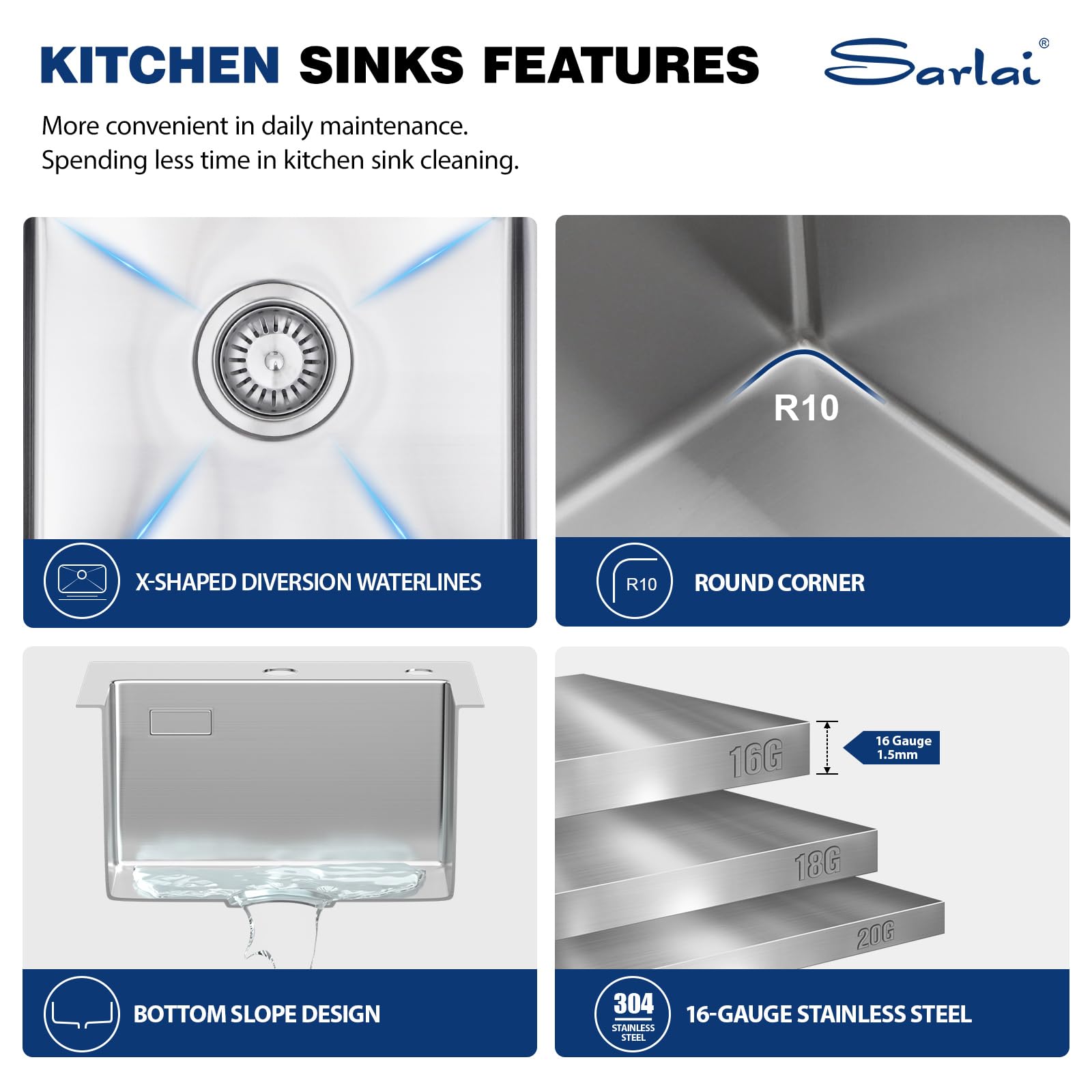 Sarlai Fregadero de cocina de acero inoxidable 304 de 35 x 40 x 18,5 cm con rebosadero | Fregadero pequeño de montaje superior con 2 agujeros para grifo, cuenco para cocina, bar, caravana y exteriores
