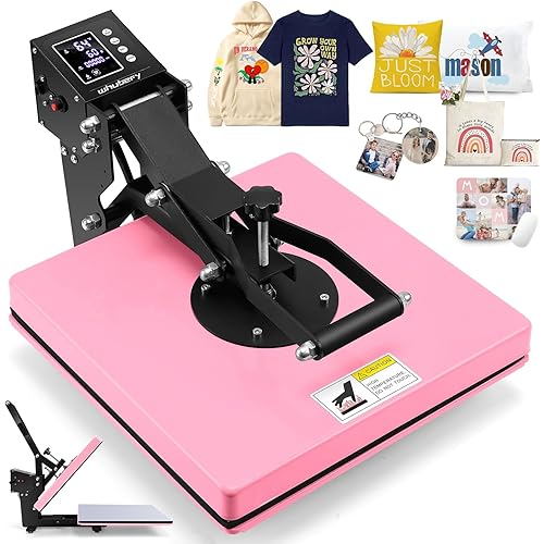 Whubefy Heat Press 15x15 Slide Out, Clamshell Heat Press Machine for T-Shirts, Bags, Mouse Pads & More, Dual-Tube Fast Heating, Digital Industrial Sublimation Printer for Heat Transfer (Pink)