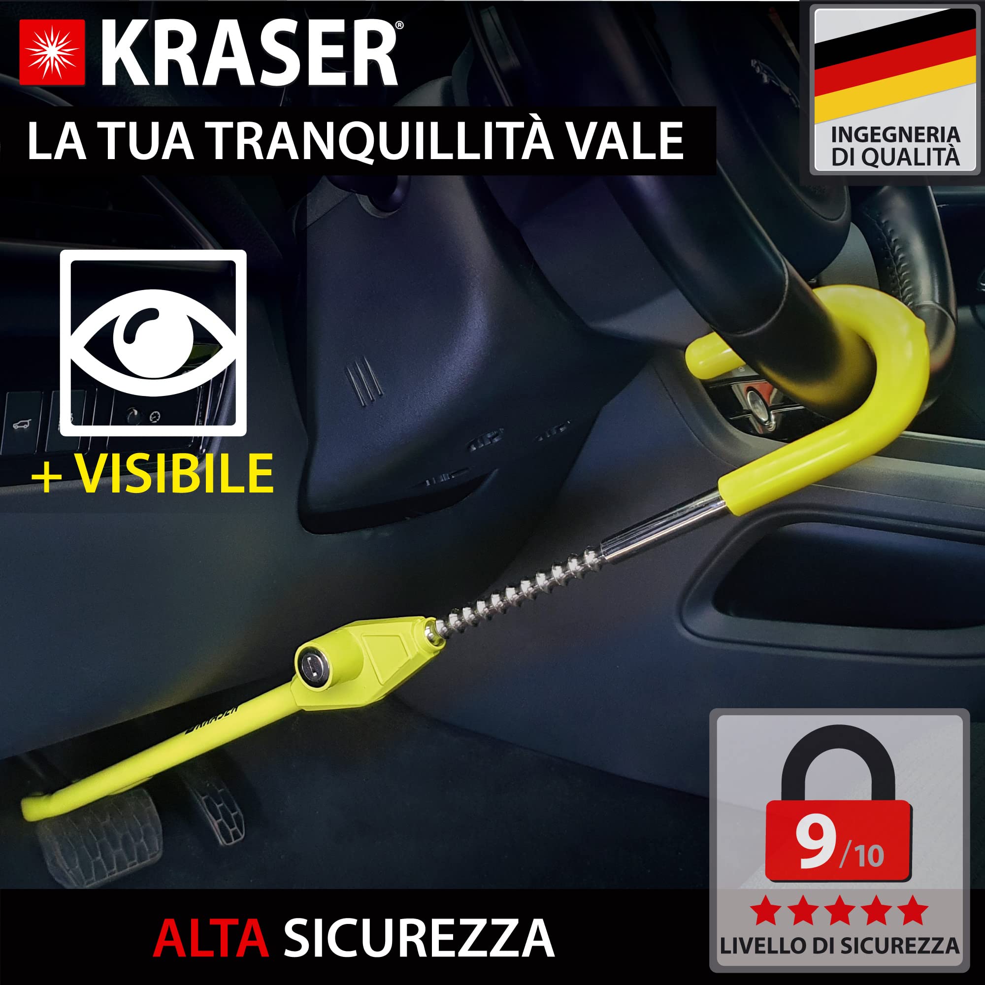 KRASER KR835 Antifurto Auto Blocca Volante Universale Auto Regolabile Bloccasterzo Pedale Gancio Allungabile, Sicurezza Veicolo Immobilizzatore Auto Camion Furgone Camper Van