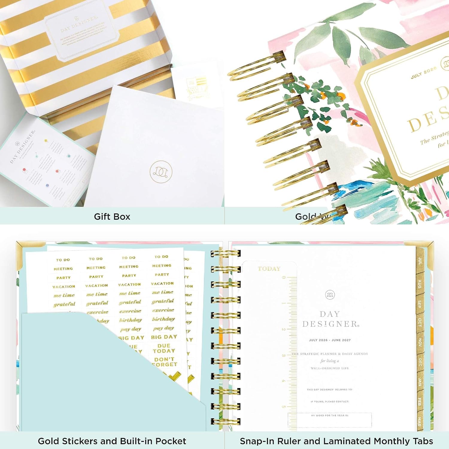 Day Designer 2026-2027 Mini Daily Academic Year Planner Calendar, July 2026 - June 2027, 6" x 8.125", Glossy Laminated Cover, Wirebound, Laminated Tabs, Storage Pocket, Includes Stickers & Snap-In Ruler, Capri
