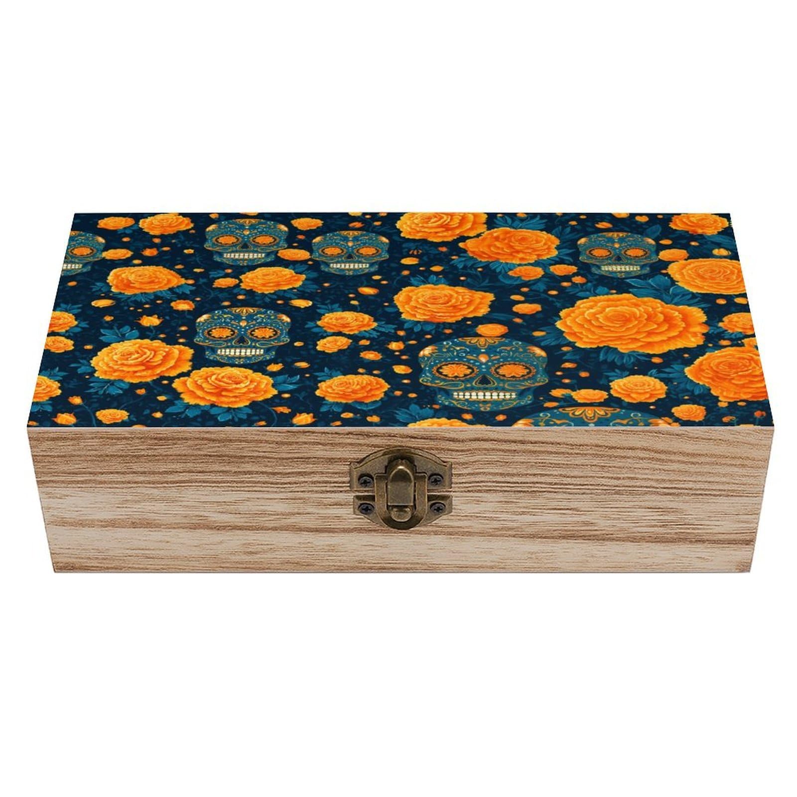 Ahdyr As Pic Cute Skull With Orange Flowers Wooden Storage Box With Hinged Lid And Front Clasp Large Keepsake Box
