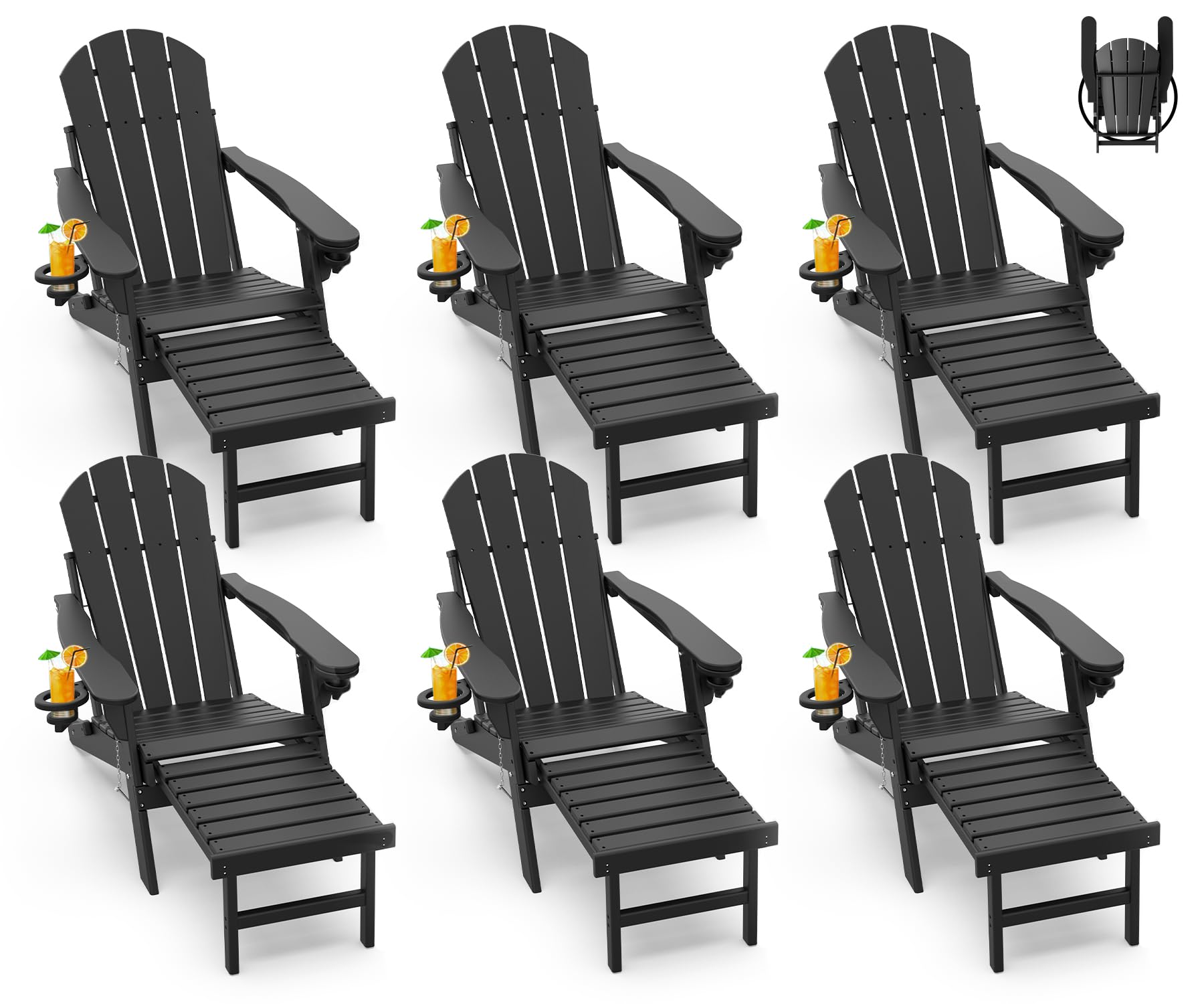 GREENVINES Adirondack-Chairs-with-Ottoman | Set of 6 | Folding | Retractable-Footrest | HDPE Plastic | All Weather Fire Pit Chair | Cup Holders | Black | for Outdoor Poolside