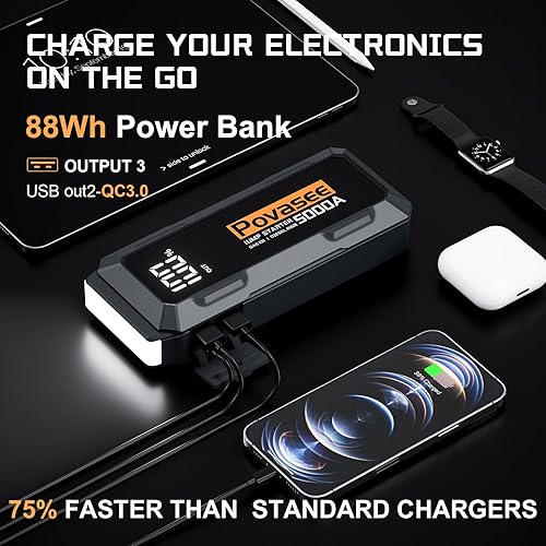 Miniatura 4 de Arrancador de batería de coche Povasee A40 de 5000 A, caja de salto de 12 V para coche hasta todo gas o motor diésel de 10 L, arrancador portátil