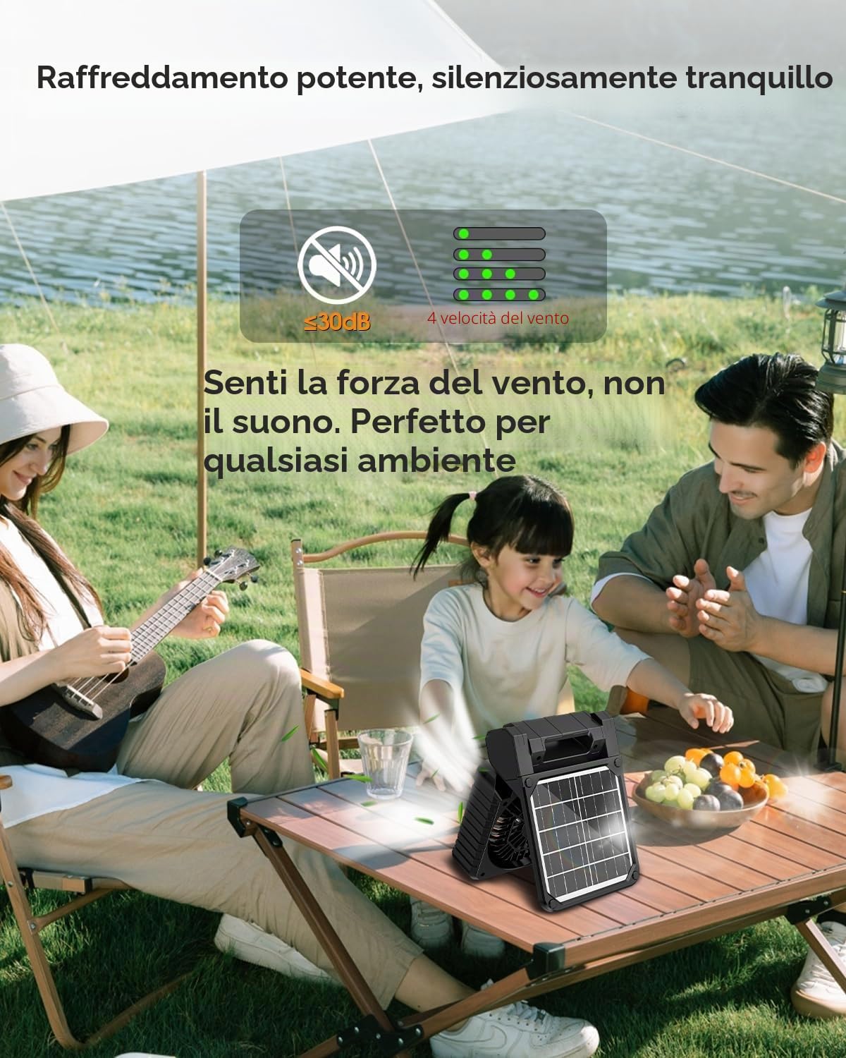 Ventilatore Solare Campeggio 10400 mAh con Lanterna LED, Batteria Ricaricabile, 4 Livelli di Velocità, Timer da 2 a 8 ore, Silenzioso, Ventilatore da Tavolo USB per Tende, Attività all'Aperto