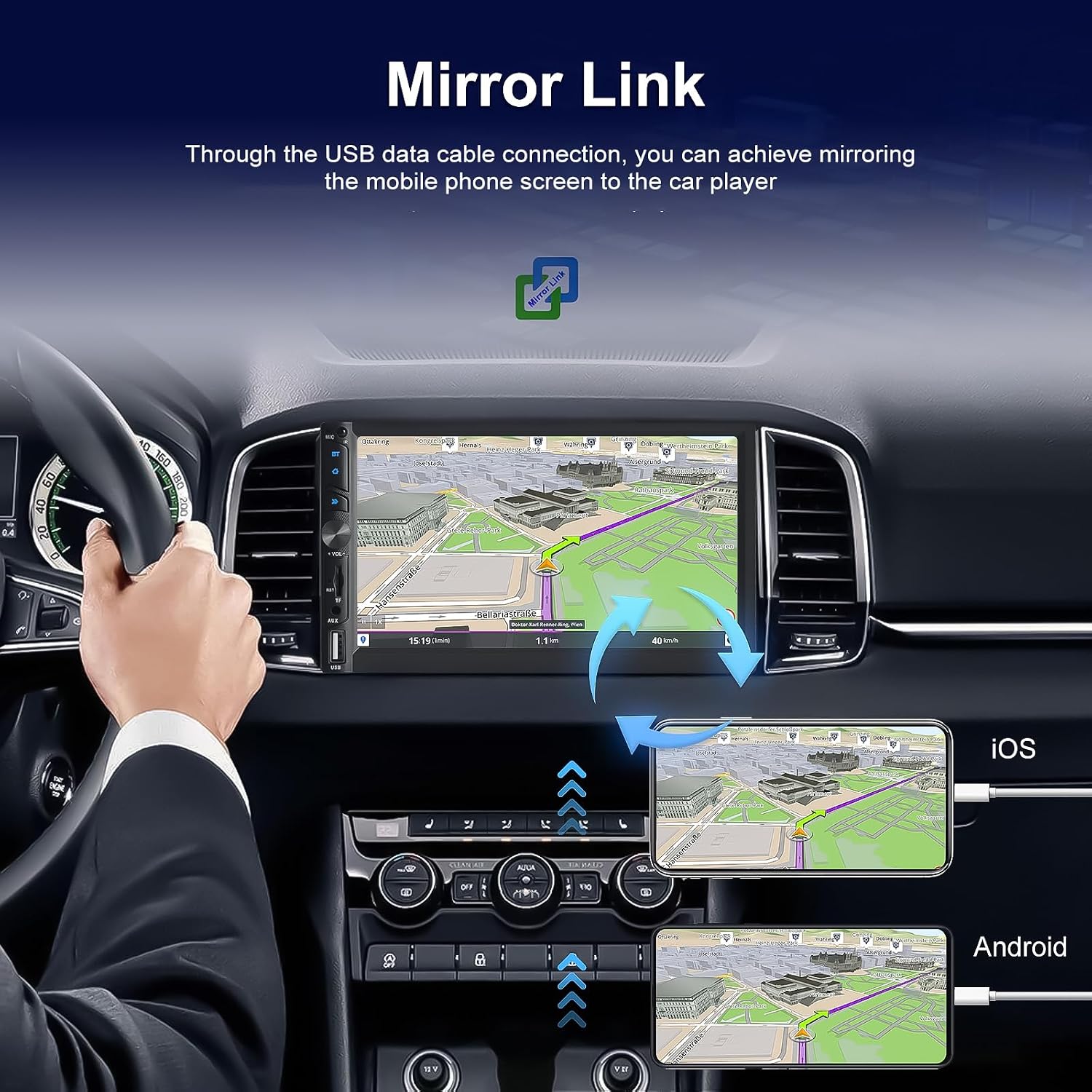 Image illustrating the Mirror Link function, showing a smartphone screen being mirrored onto the car stereo display via a USB cable connection.