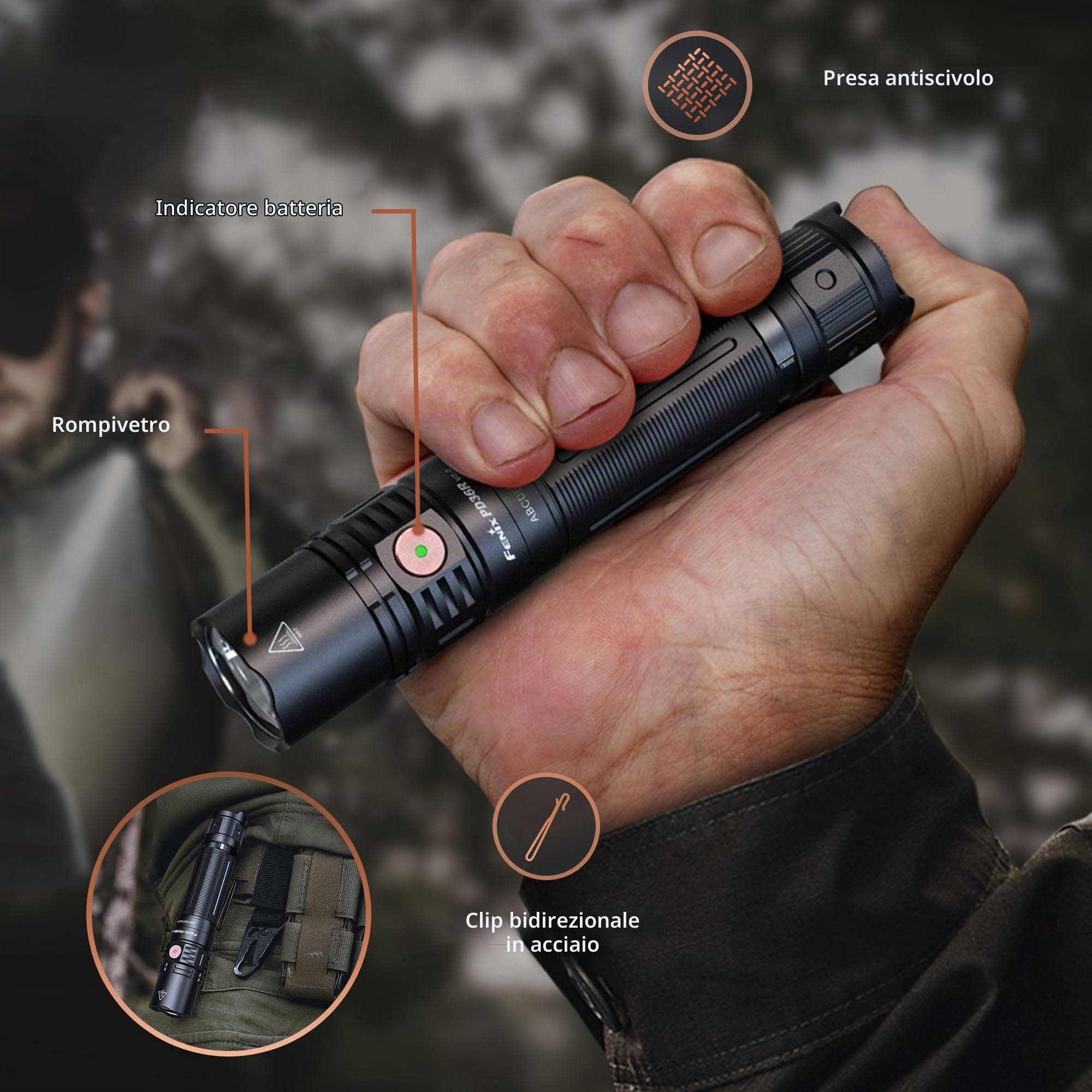 FENIX PD36R v2.0 Torcia tattica a LED ricaricabile | 1700 lumen | 396 m | 482 ore | Alimentazione a batteria 21700 | Ricarica USB-C | Design a doppio interruttore | IP68, nero