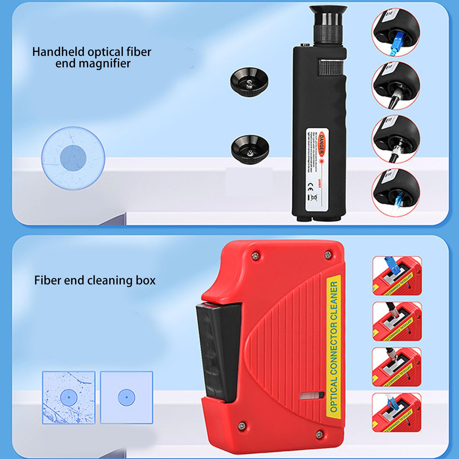 Kit de limpieza de fibra óptica 13 en 1, herramienta de limpieza para cables de fibra óptica con lupa de 400x para interfaces FC, SC, ST y LC de 1,25/2,5 mm, incluye plumas de