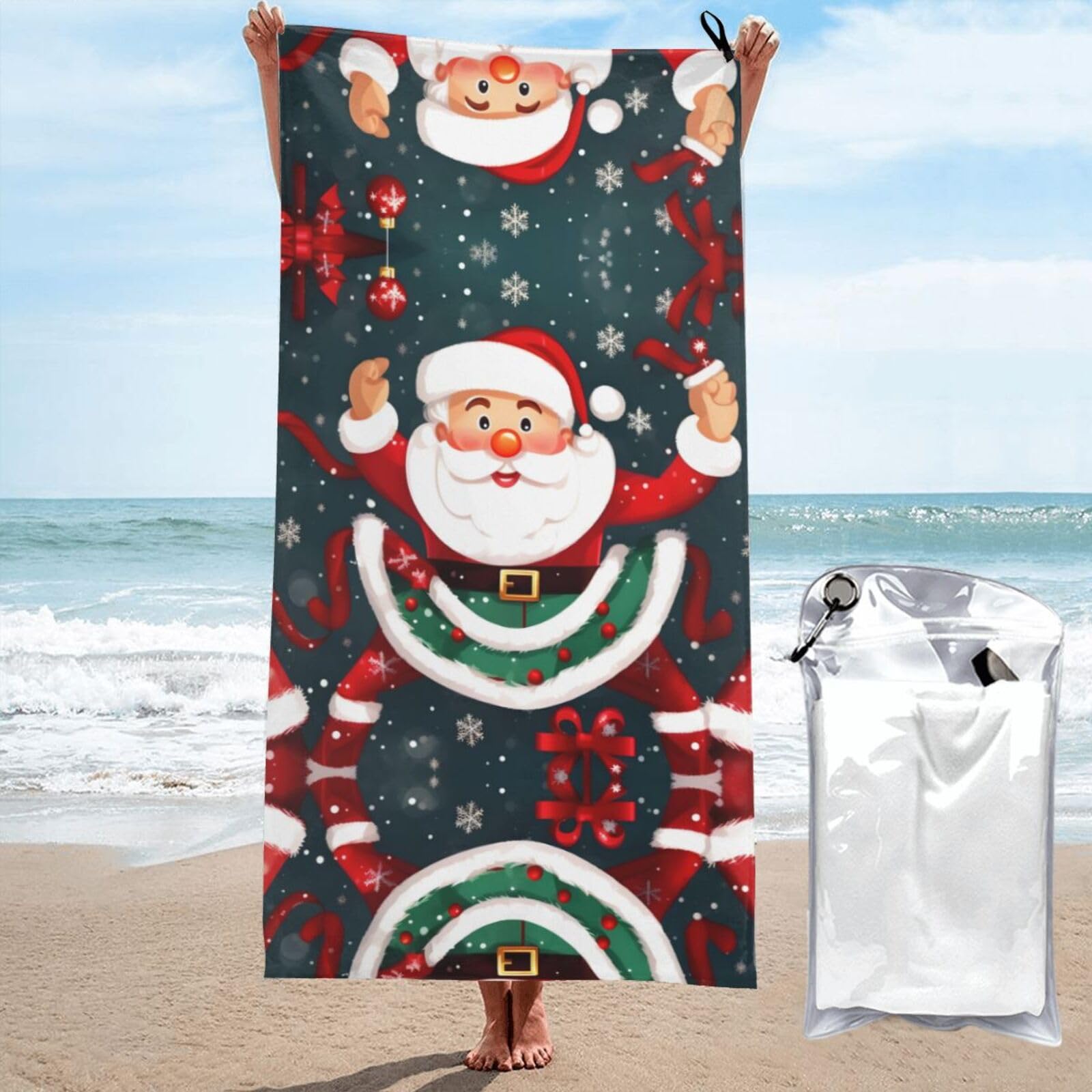 Serviette de plage anti sable Père Noël grand format bain doux 132cm