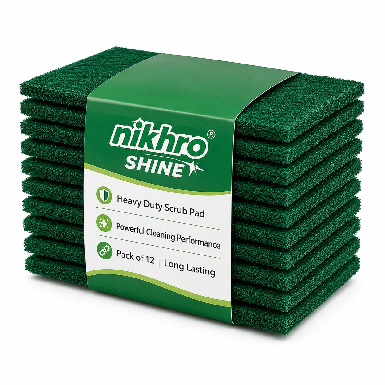 Nikhro Shine Heavy Duty Scrub Pad, Pack of 12 | Powerful Cleaning, Long Lasting, Kitchen Use, Green Colour, Reusable Pads-image-16