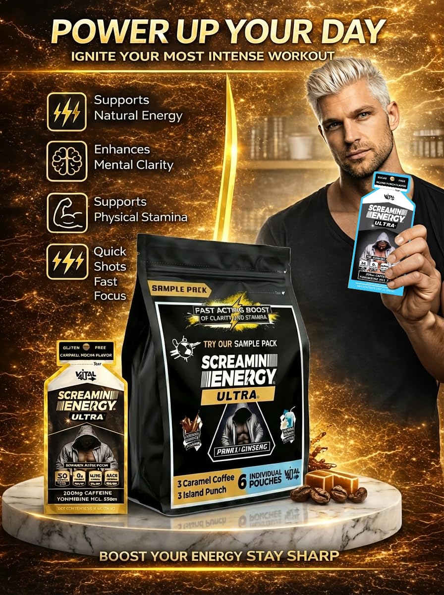 Screamin Energy Ultra Sample Pack, 6 Energy Shot Pouches | Caramel Mocha and Island Punch Flavors | Caffeine with Panax Ginseng and B Vitamins — Amazon image 4