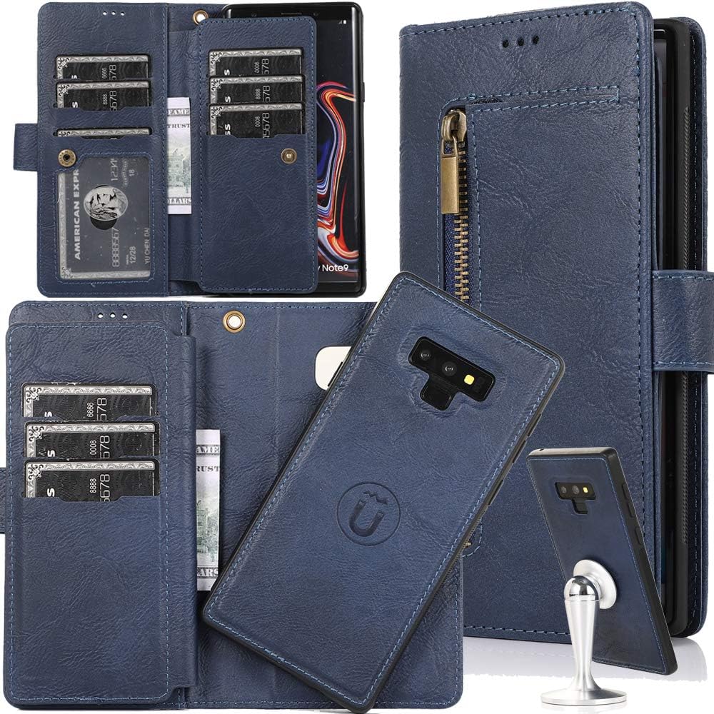 Galaxy Note9 Magnetic Detachable Case Wallet for Women,Auker 9 Card Holder Folio Flip Leather Zipper Wallet Case Fold Kickstand Purse Clutch with Strap/Money Pocket&Removal Hard Case for Samsung Note9