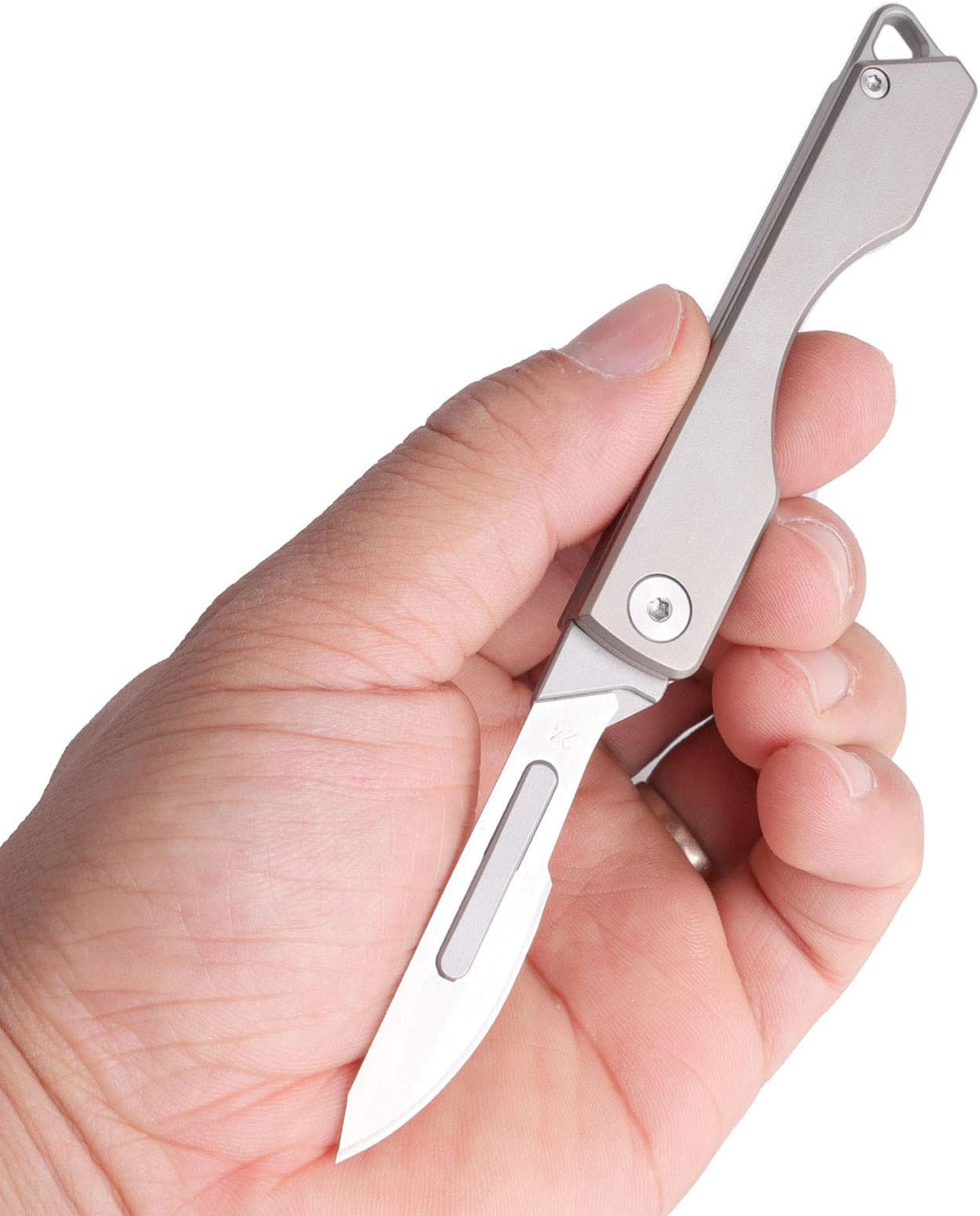 Samior TS135 Titanium Folding Scalpel Pocket Knife, 10 Replaceable #24 Razor Sharp Carbon Steel Blades, Small Compact Slipjoint EDC Keychain Utility Knife, Grey 1.13oz
