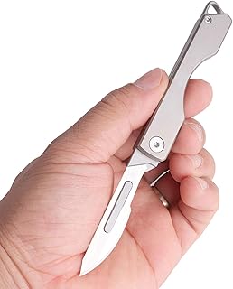 Samior TS135 Titanium Folding Scalpel Pocket Knife, 10 Replaceable #24 Razor Sharp Carbon Steel Blades, Small Compact Slipjoint EDC Keychain Utility Knife, Grey 1.13oz