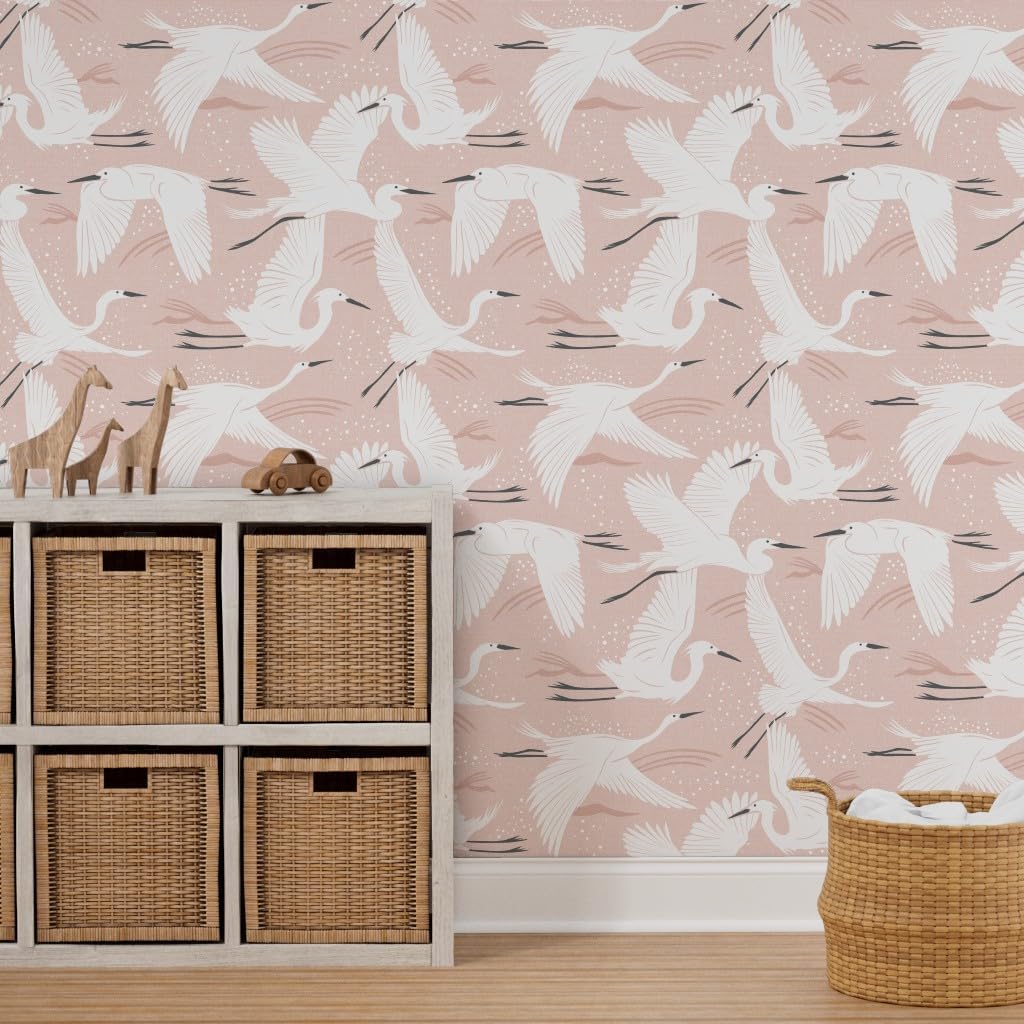 Spoonflower Peel & Stick Wallpaper 3ft x 2ft - Blush Pink Crane Bird Vintage Nature Birds Animals Custom Removable Wallpaper