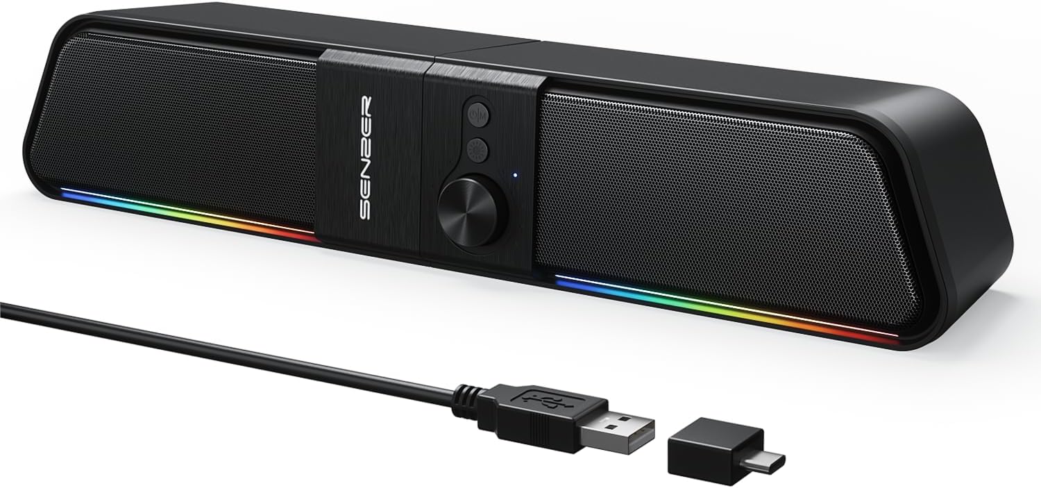 senzer cs20 2 in 1 bluetooth computer speakers for desktop, usb plug & play clear sound pc speakers with rgb light, monitor sound bar with volume knob, gaming speaker for pc laptop phone tablet black