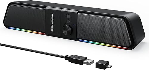 SENZER CS20 2 in 1 Bluetooth Computer Speakers for Desktop, USB Plug & Play Clear Sound PC Speakers with RGB Light, Monitor Sound Bar with Volume Knob, Gaming Speaker for PC Laptop Phone Tablet