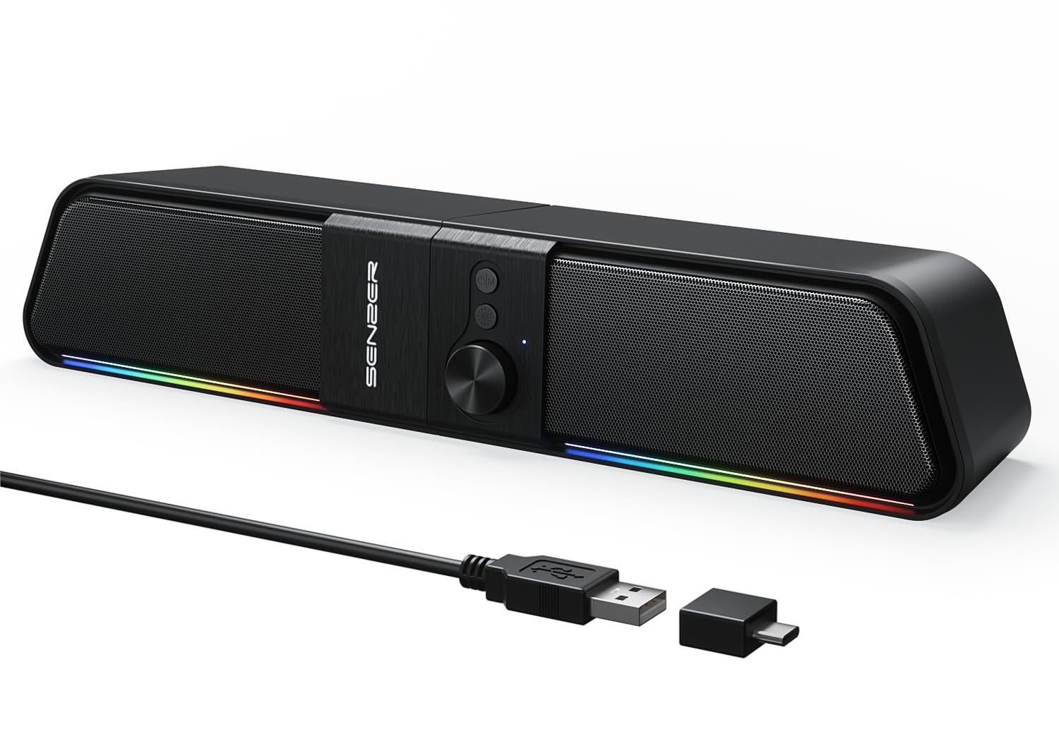 SENZER CS20 2 in 1 Bluetooth Computer Speakers for Desktop, USB Plug & Play Clear Sound PC Speakers with RGB Light, Monitor Sound Bar with Volume Knob