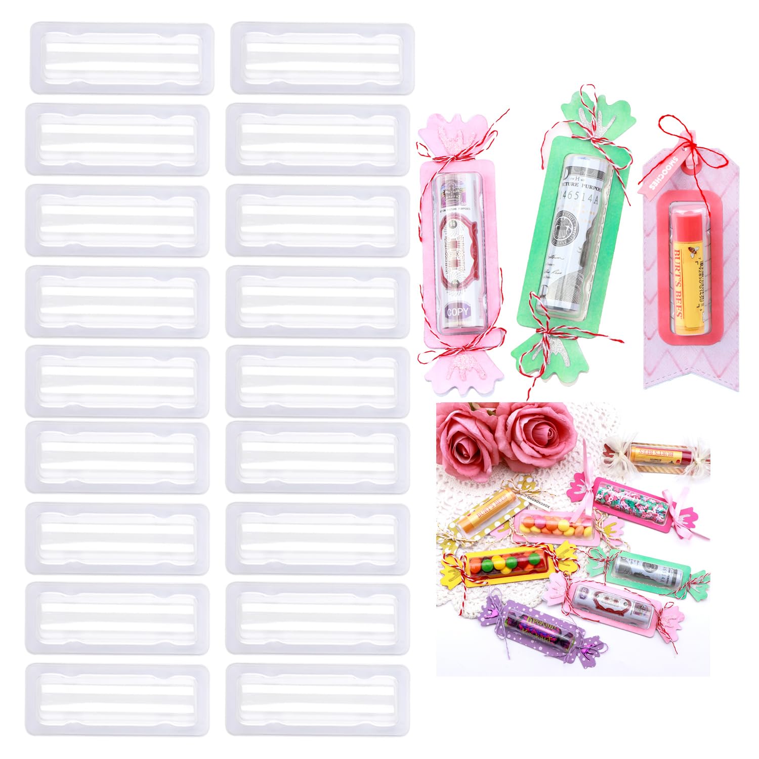 Baofali 20Pcs Rectangular Domes L 20Pcs 3.7X1.5inch Plastic Clear Rectangle Domes; Self-Adhesive Lip Balm Pouches Money Holder For Diy Craft Gift Cards Shaker Card Making Handmade Crafts Clear Pouch Cover Scrapbooking Tool