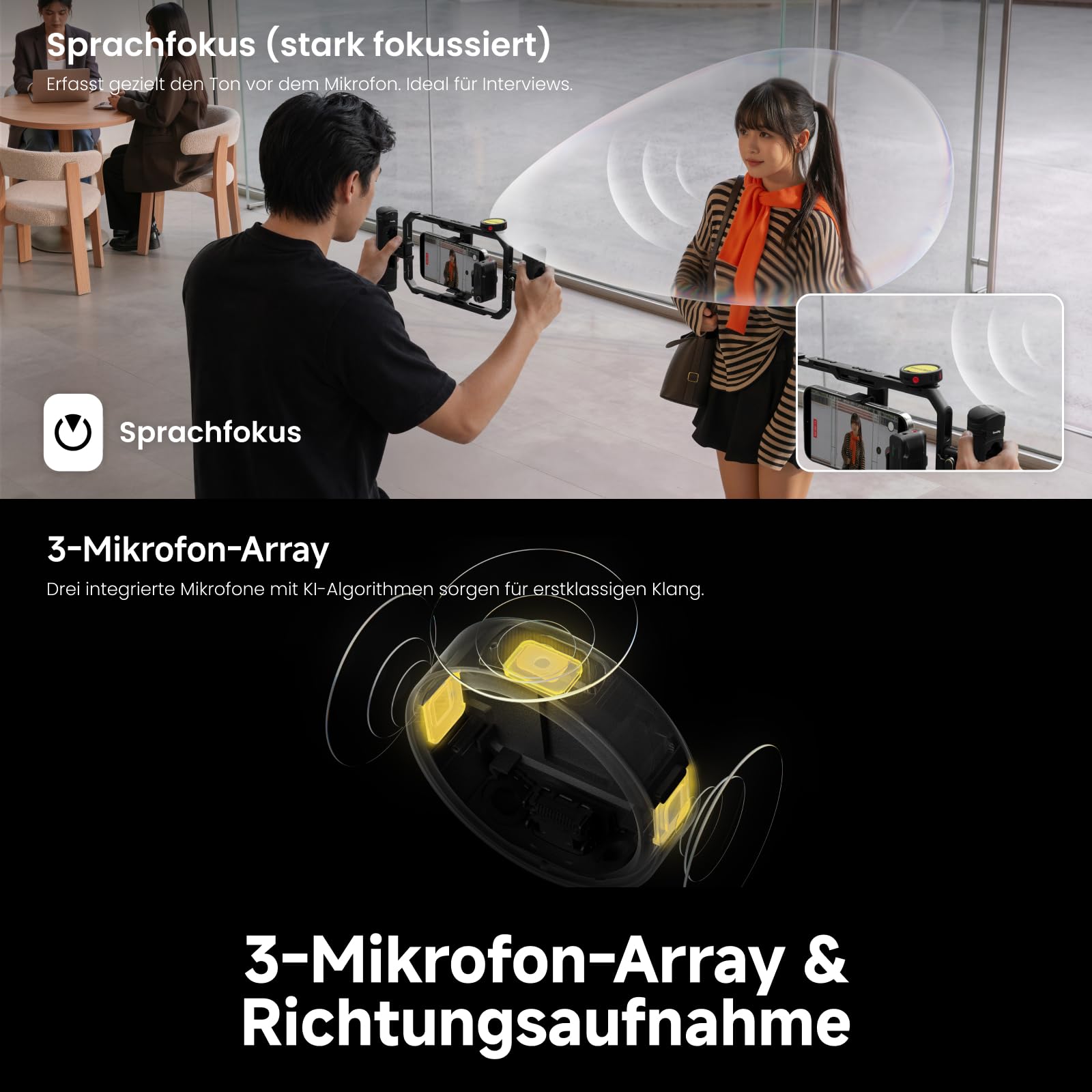 Insta360 Mic Pro Transmitter Graphitschwarz, kabelloses Mini-Lavaliermikrofon für iPhone/Kamera/Android, Videoaufnahme, anpassbares E-Ink-Display, 3-Mikrofon-Array, interne 32-Bit-Float-Aufnahme