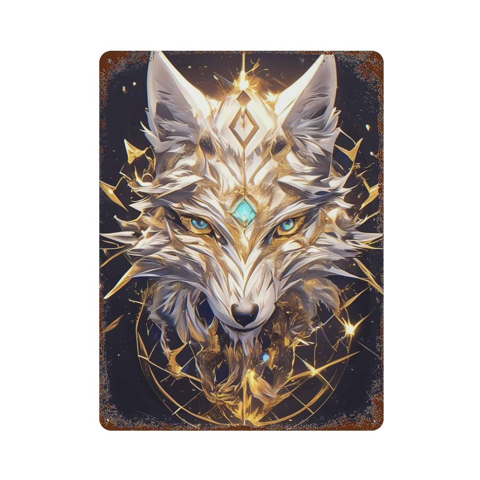 Rust Effect Golden Wolf with Turquoise Gem Rustic Tin Plaque 15.7"x11.8", Classic Wall Plaque for Shed, Workshop And Garage Wall Decor