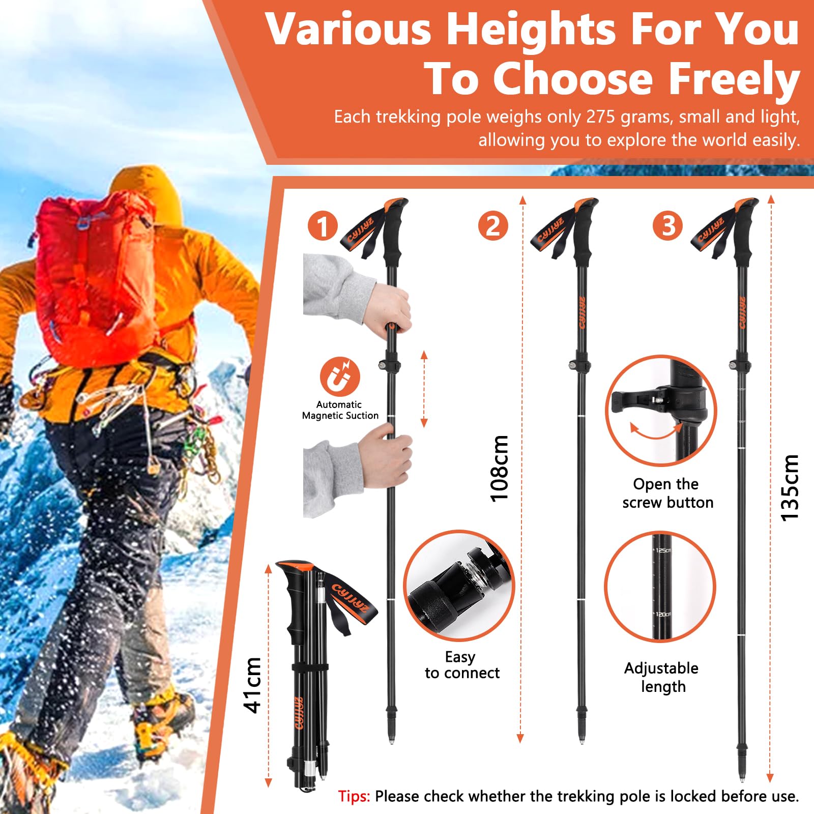 2Pcs Bastoni Trekking Pieghevoli, Bastoncini Trekking in 7075 Alluminio, Bastoncini da Trekking, Bastoni da Trekking Nordic, Bastone da Trekking, 108-135 cm Regolabile, per Escursionismo