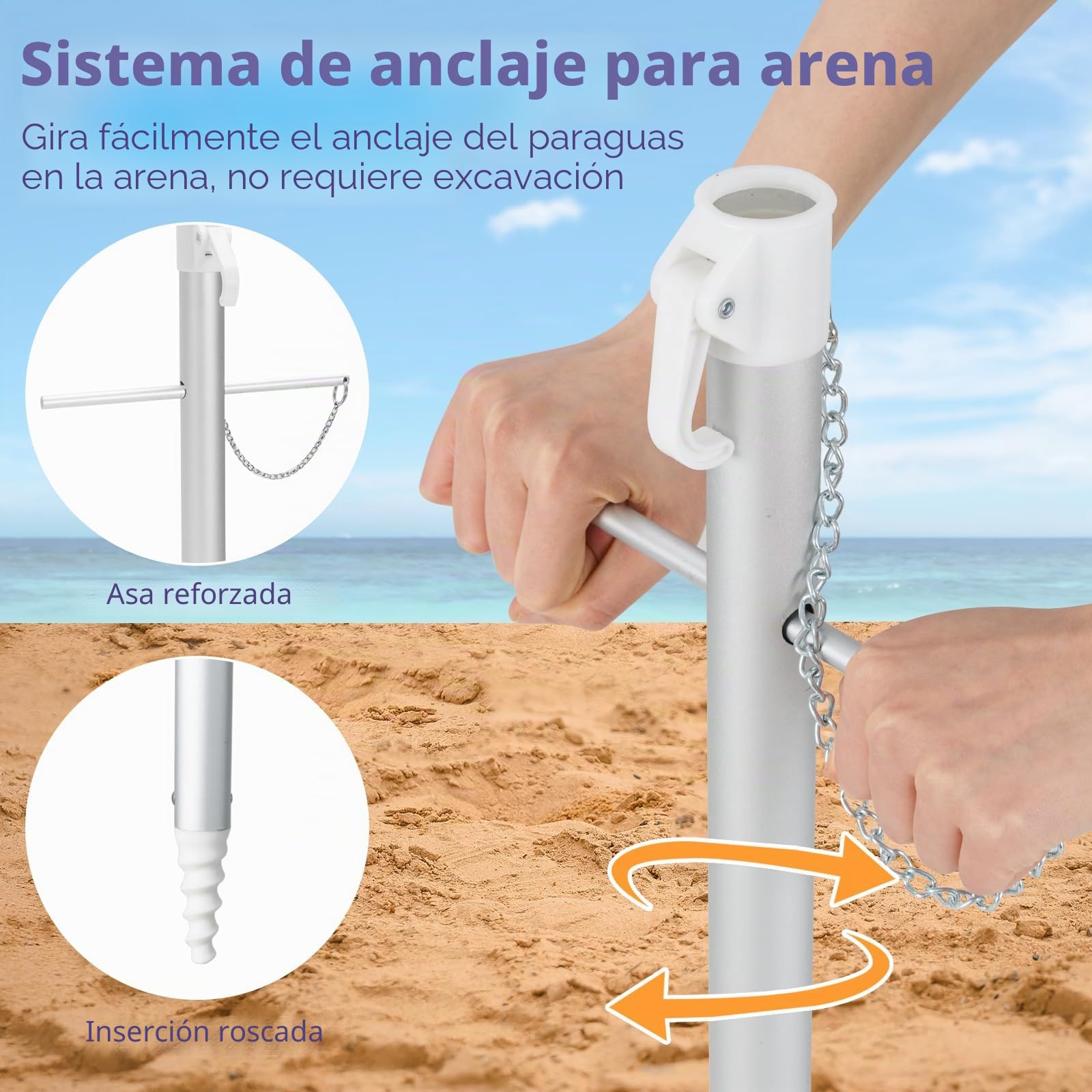 KOMFOTTEU Sombrilla Inclinable Ø 200 cm de Playa, Parasol de Jardín con Protección UV, Paraguas Plegable con Anclaje y Bolsa de Transporte, Sombrilla para Patio, Balcón, Piscina