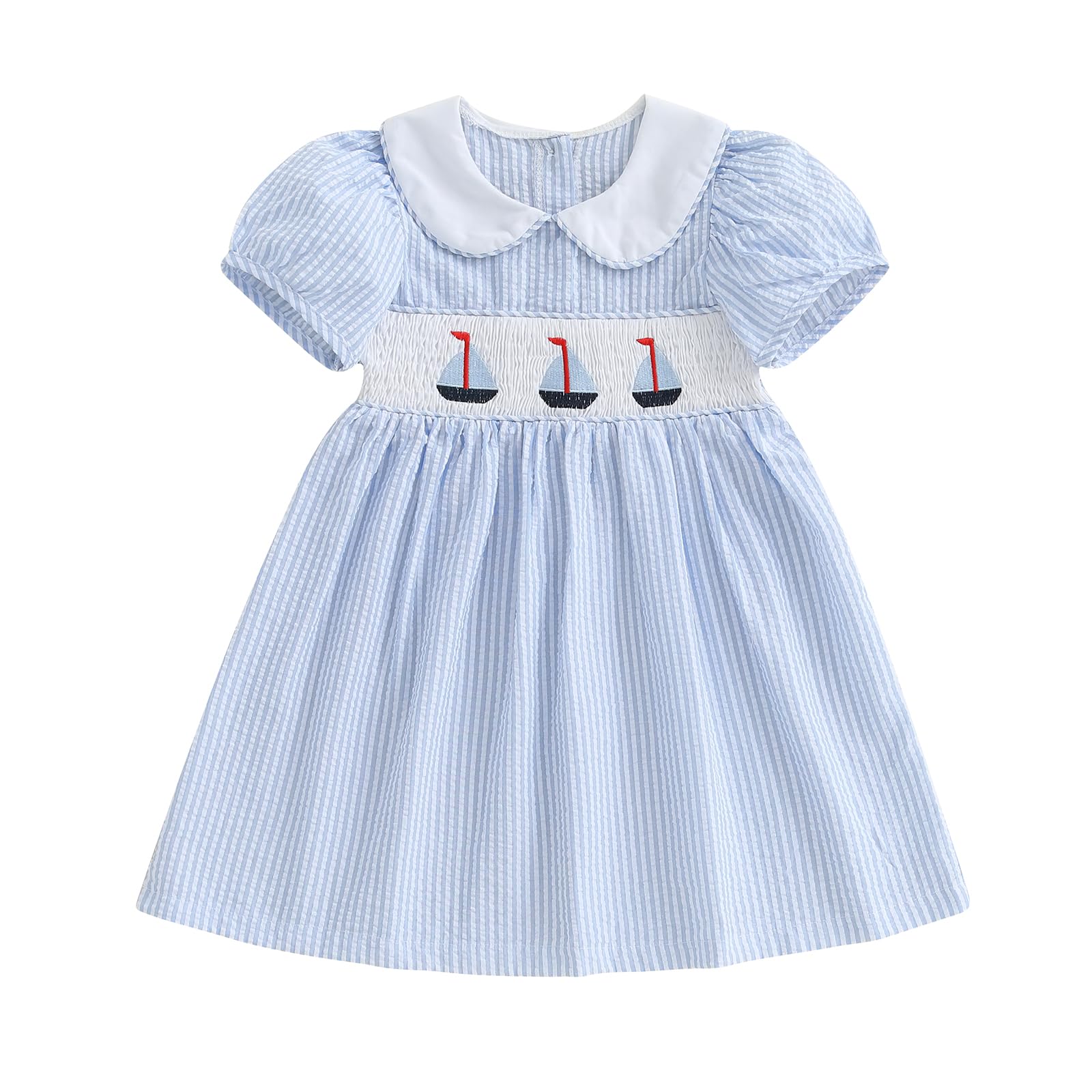 Toddler Baby Girl Sailboat Outfit Smocked Dresses Doll Collar Dress Cute Little Girls Summer Clothes (sail Boat Blue, 6-12 Months)