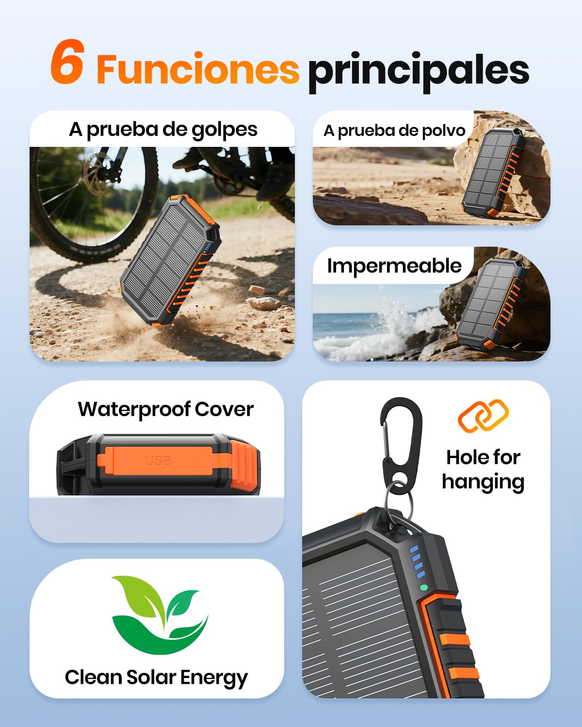 Cargador-Solar-Power-Bank-20000mAh - A ADDTOP 22,5W USB C Carga Rápida Batería Externa Inalámbrica con 2 Cables Integrado y Linternas, Cargador Portátil para Teléfono Tabletas (Naranja)
