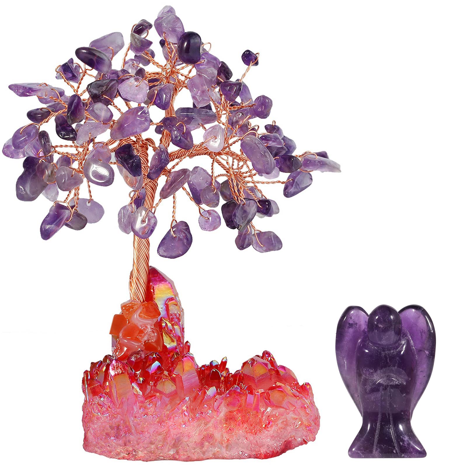 Arbre à monnaie en améthyste véritable et base ange pour décoration spirituelle haut de gamme
