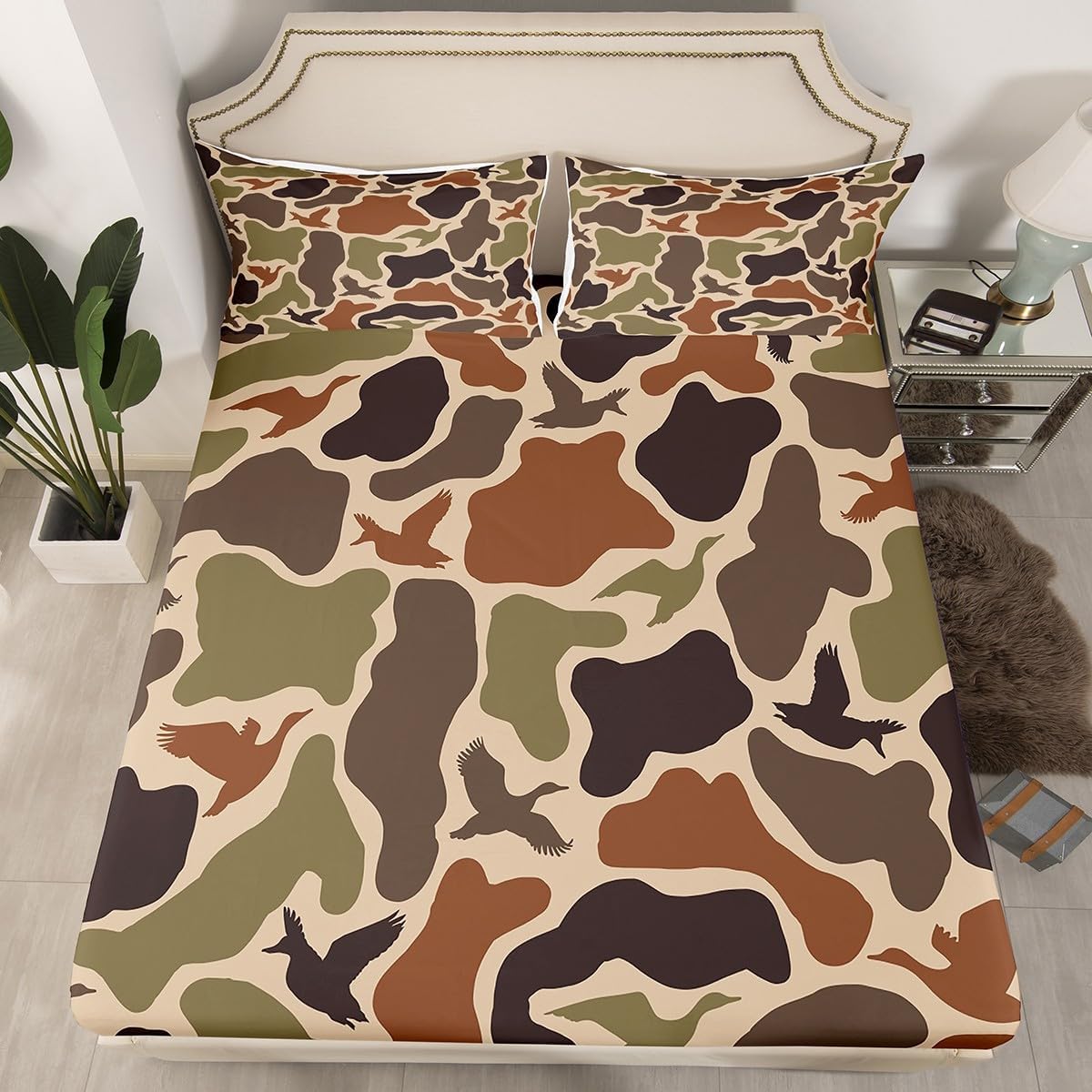 Erosebridal Duck Hunting Bed Sheets Set Queen Army Camo Sheet Set Camouflage Military Sheets Wild Woodland Farmhouse Flat Fitted Sheet