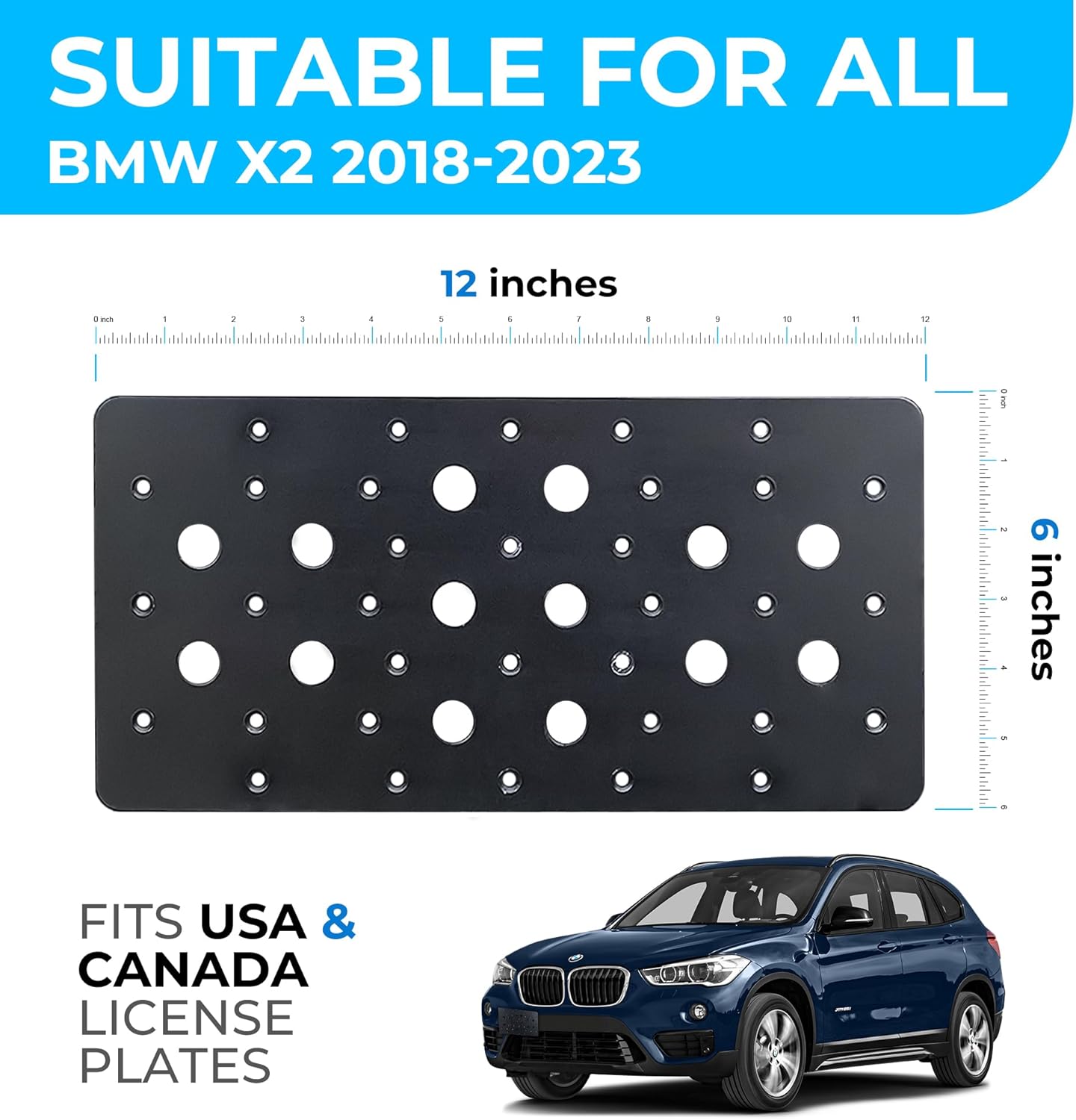 Front Bumper Tow Hook License Plate Mount Bracket for BMW X2 2018-2023, Plate Holder Set w Unique Screw Bolts & Black Screw Caps, License Tag Mounting Kit, Premium Car Accessories