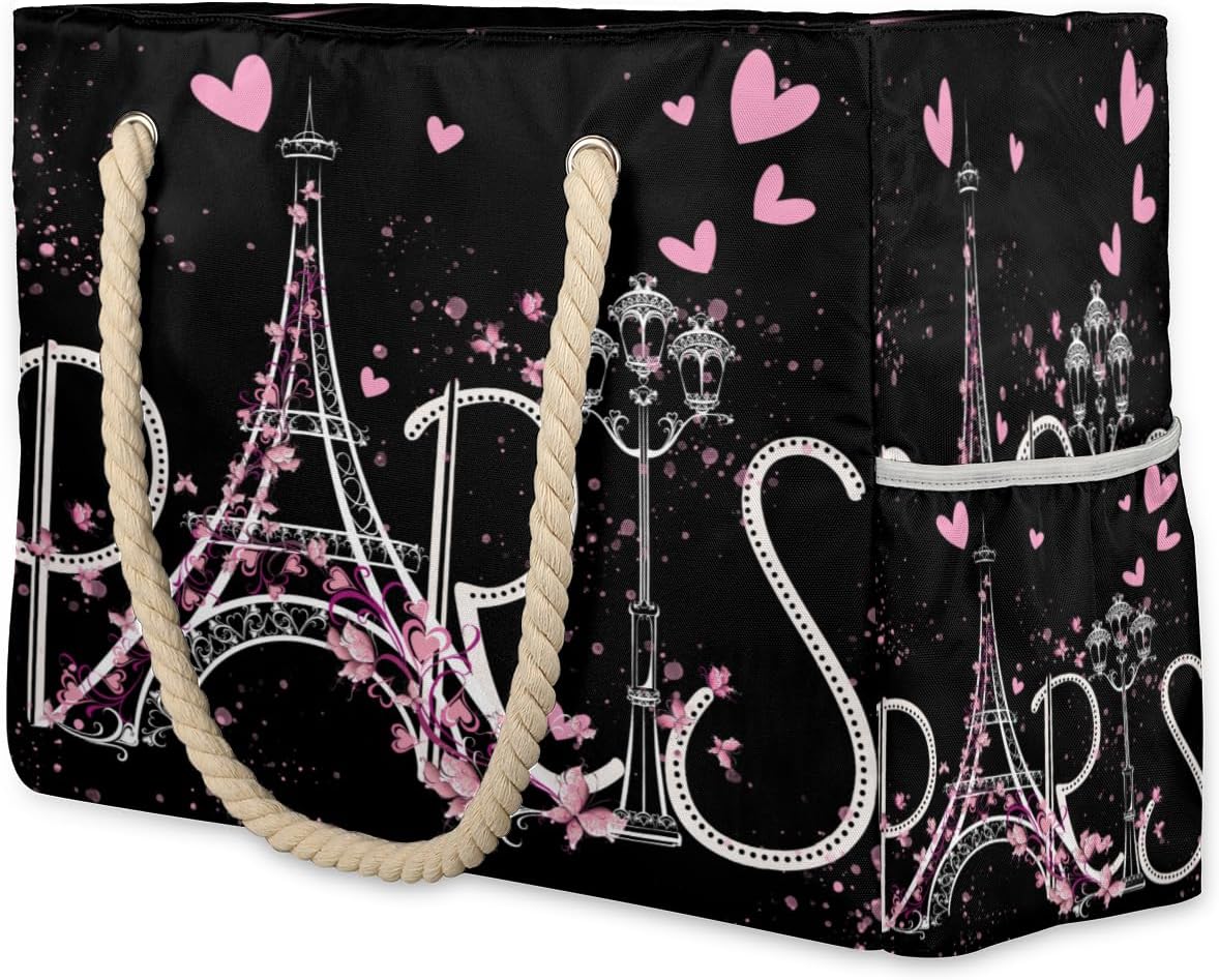 Paris Tower Love Flowers Beach Bag for Women Waterproof Sandproof Tote with Zipper Cotton Rope Handles for Travel Pool Gym Shopping