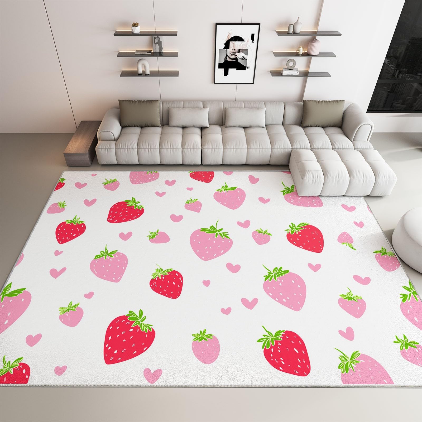 Dywan dziecięcy dla dziewczynek, dzieci, 80 x 150 cm, flanela, można prać w pralce, antypoślizgowy, hipoalergiczny, urocza truskawka, owoce, styl, pokój zabaw, przedszkole, sypialnia