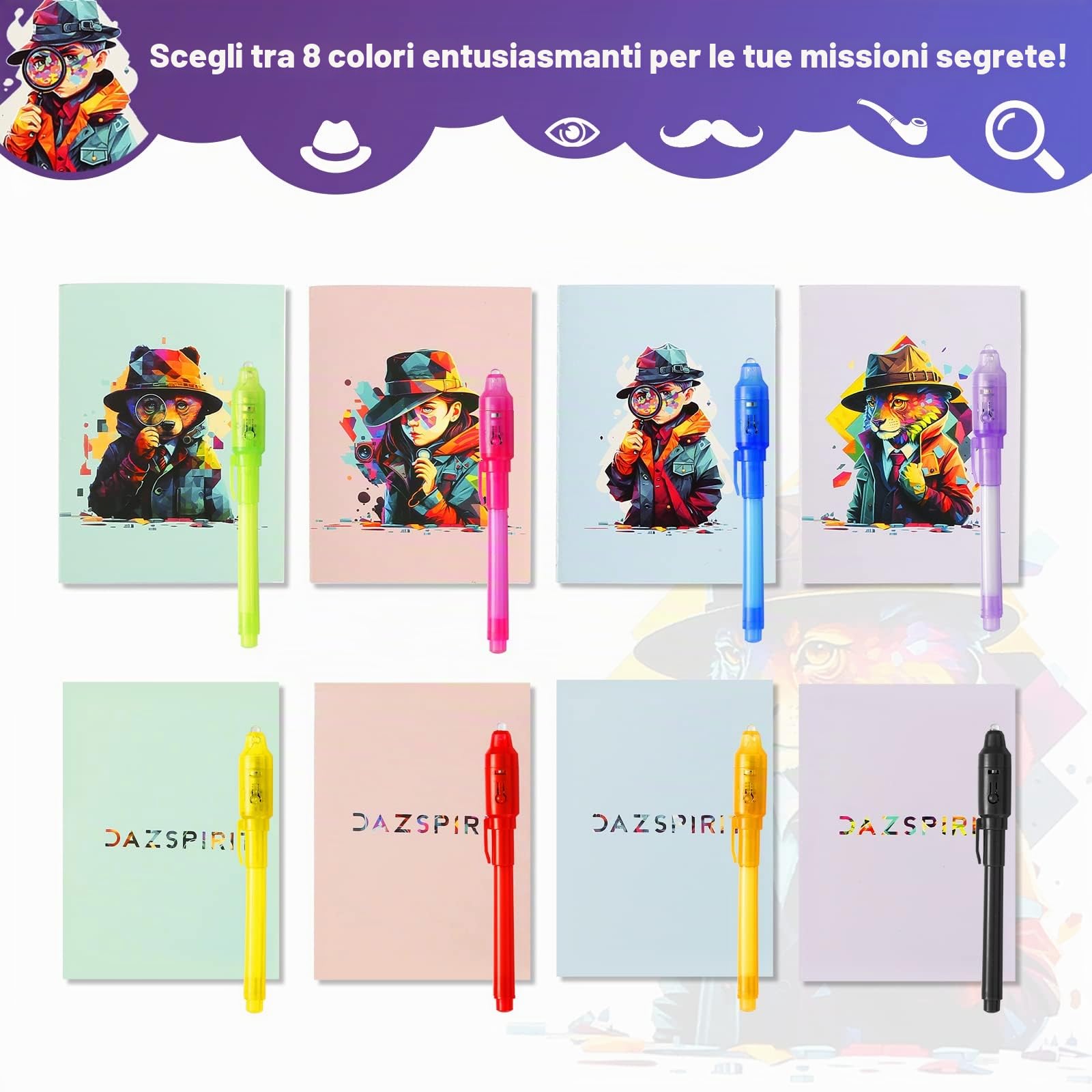 DazSpirit 32pcs Penna Inchiostro Invisibile e Taccuino, Tema Investigativo Penna Invisibile con Luce Gadget Compleanno Bambini, Penne Invisibili per Scrivere Messaggi Segreti (DB0002)