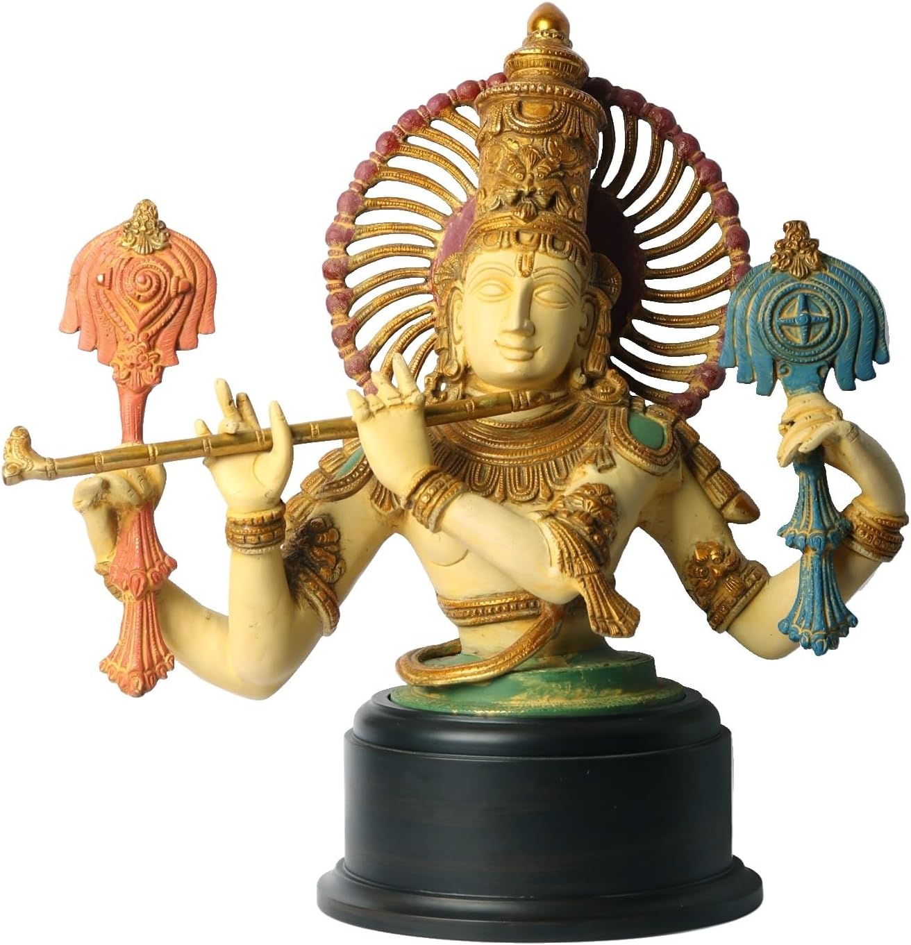 Exotic India 18" Chaturbhuja Venugopal Lord Krishna Bust Brass Statue on Wooden Base for Pooja Room, Temple, Home, Office, Table Décor