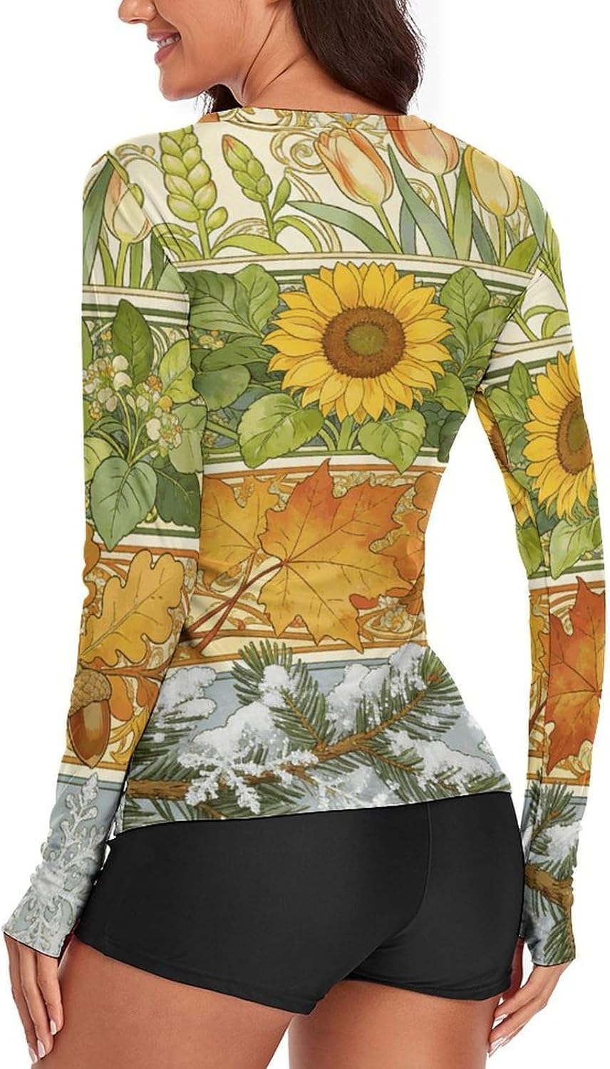 Four Seasons Theme Style Rash Guard for Women UPF 50+ UV Sun Protection | Long Sleeve Workout Top Quick Dry Athletic Hiking Shirt Moisture Wicking Swim Shirt for Running, Cycling, Swimming