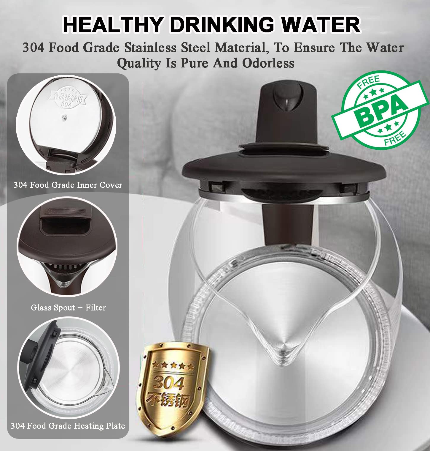 Bollitore Elettrico in Vetro, 1,8 L, 1500 W, Con Illuminazione a Led Blu, Spegnimento Automatico E Protezione Da Surriscaldamento, Fondo Interno in Acciaio Inox 304, Senza BPA (White)