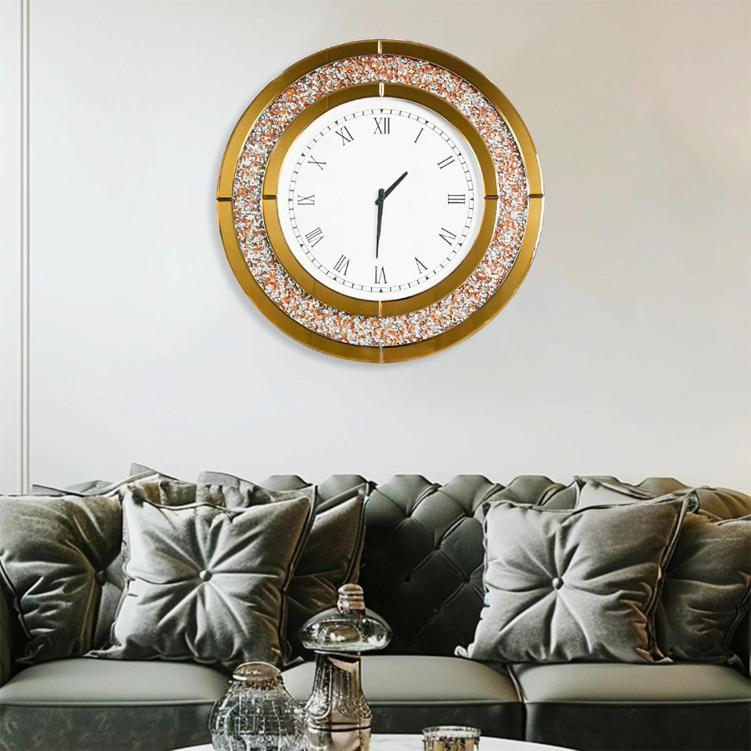 Crushed Diamond Wall Clock Round Decorative Mirrored Clock 24 inch Brown