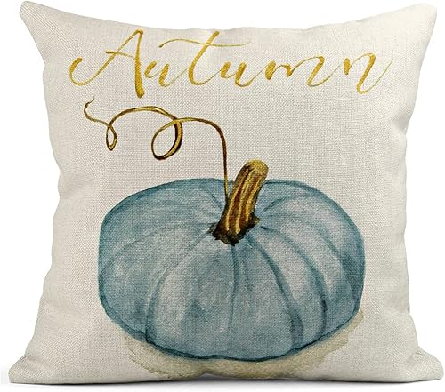 Fundas de almohada de lino para otoño, vides de otoño, color azul, gris, calabaza, lino, fundas decorativas de 18 x 18 pulgadas, para sofá, sala de