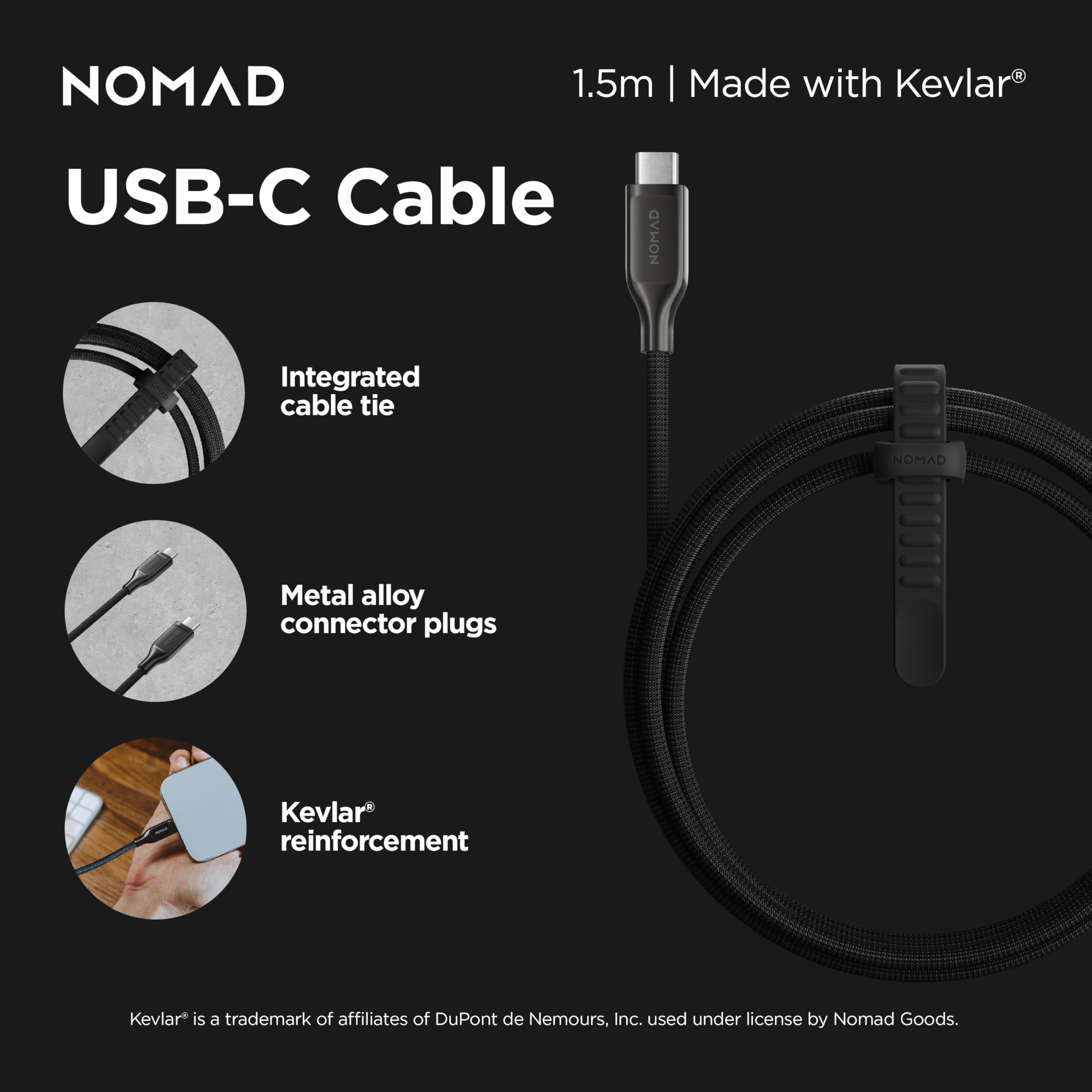NOMAD Câble USB-C en carbure V3, 1,5 m USB-C vers USB-C construit avec Kevlar, câble de charge USB C, câble USB de type C à charge rapide