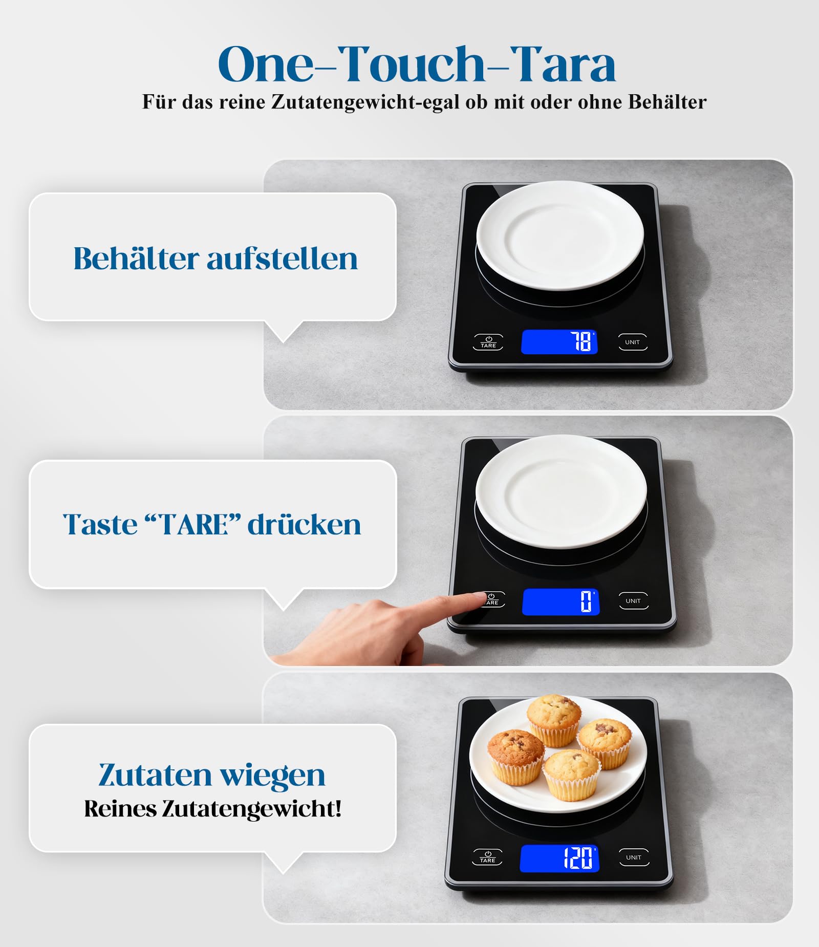 Küchenwaage Digital mit 15 kg Tragkraft, 5 Einheiten in g/ml/fl'oz, Präzise Waage Küche mit Großem Display, Dual Power (USB-C/Batterie), 1g Hochpräzise, Tara, Sicherheitsglas für Backen, Kochen
