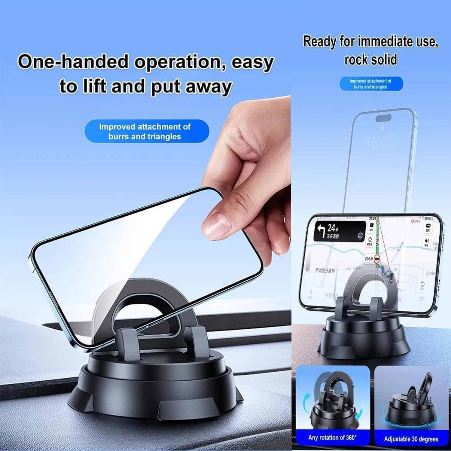 Soporte para Móvil en Coche, Clip Universal con Ventosa Inteligente para Salpicadero, Multifunción y Giratorio 360 Grados con Base Antideslizante para Navigació, 2 Unidades
