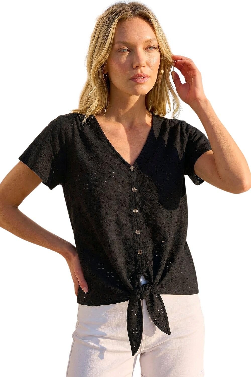 Roman Women's V-Neck Broderie Stretch Jersey Tie Front Top in Black | Size: 20
