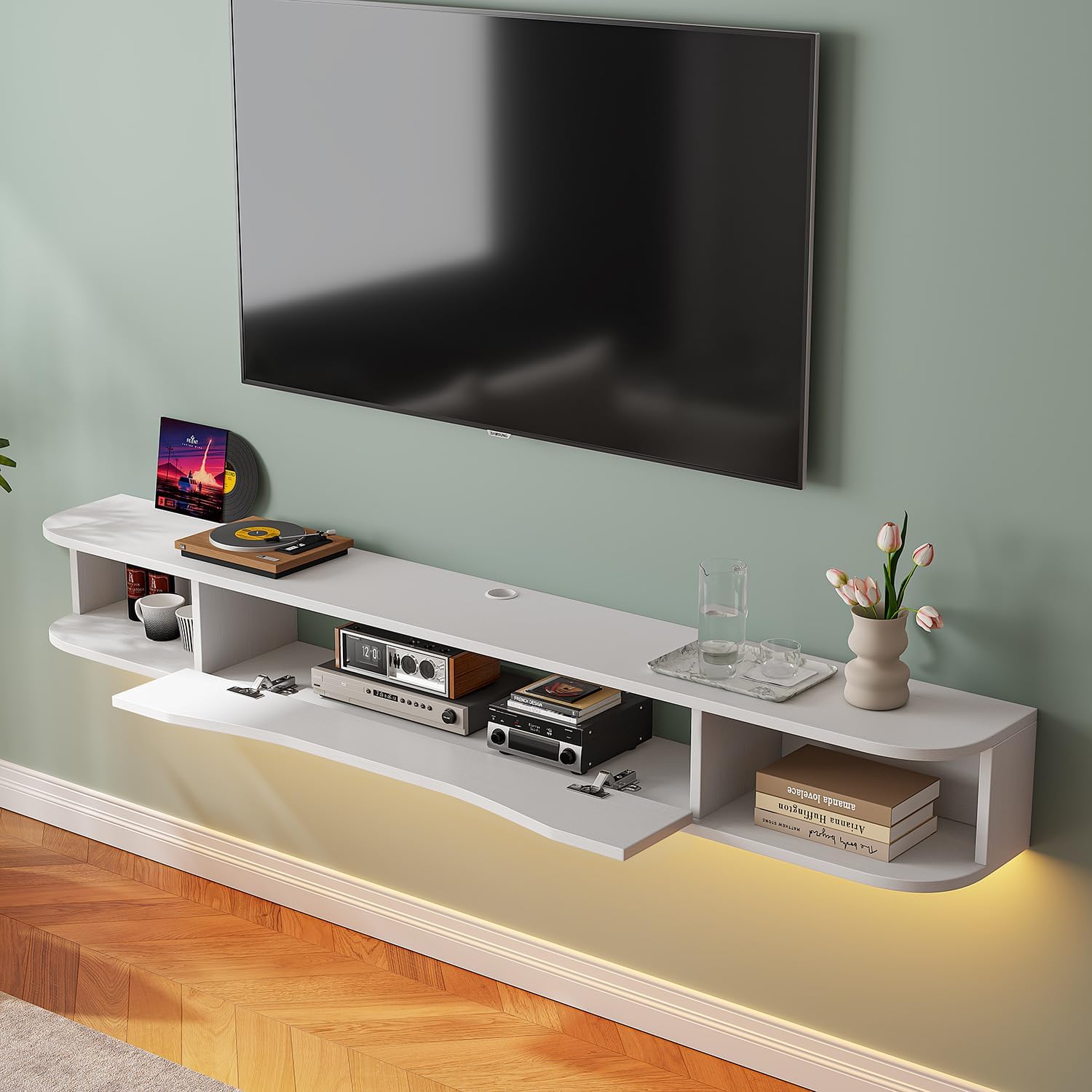 FurniNova Floating TV Stand,70'' Wall Mounted TV Cabinet,Floating TV Console,Under TV Shelf with 1 Door and 2 Cabinets for TVs up to 75''(White) - Image 3