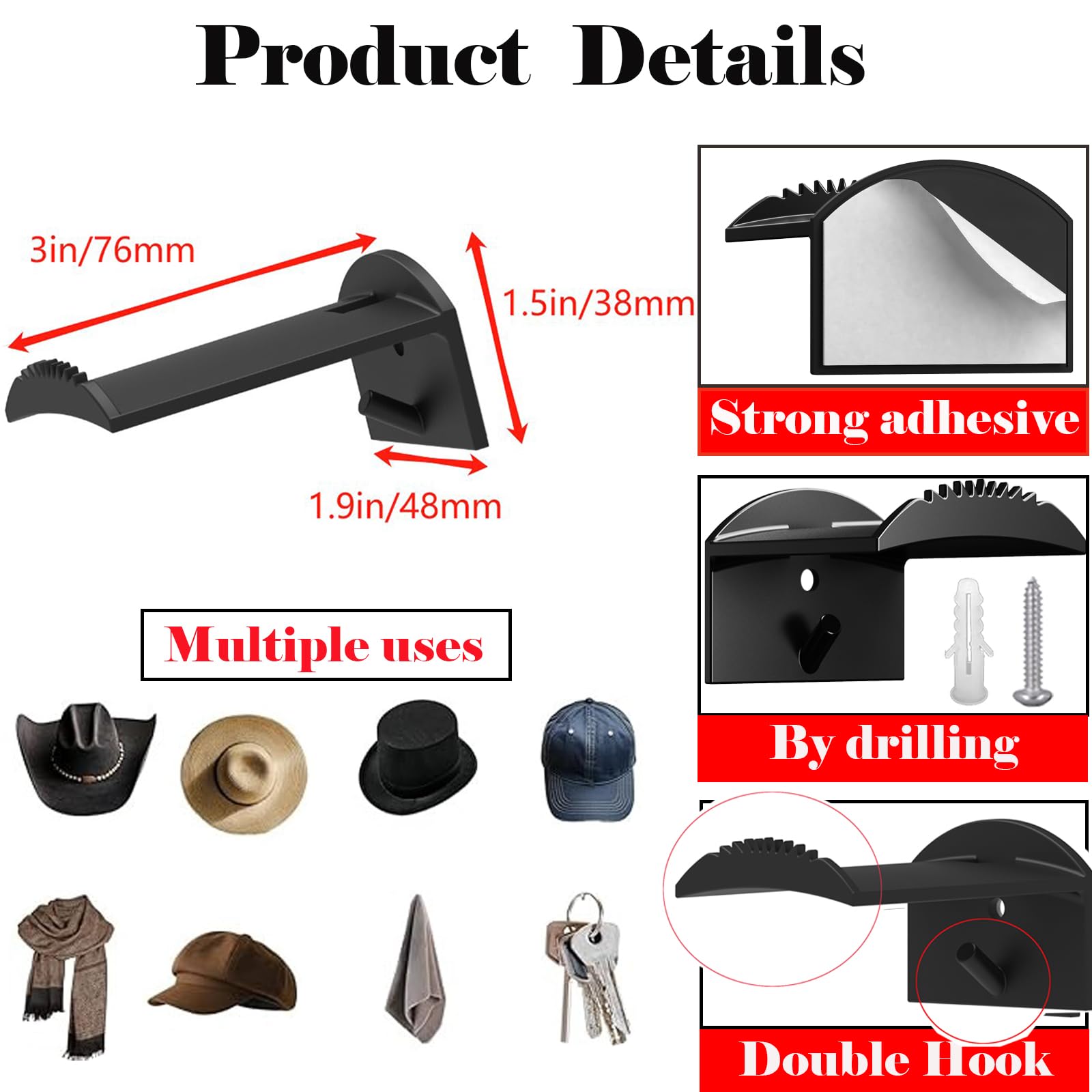 Hut Halterung Wand Cowboy, 8 Stück Hut Rack für Cowboyhüte, Makramee-Hutaufhänger, Cowboy Huthalter Cap Ständer, Selbstklebende Hut-Haken von Hüten, Handtüchern, Taschen, Schals (Schwarz)