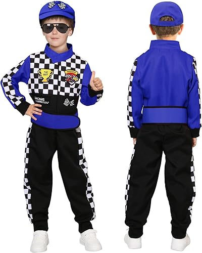 Miniatura 8 de Latocos Disfraz de piloto de carreras para niños y niñas, overol de corredor con gorra de automóvil, lentes de sol, disfraz para niños, juego de rol