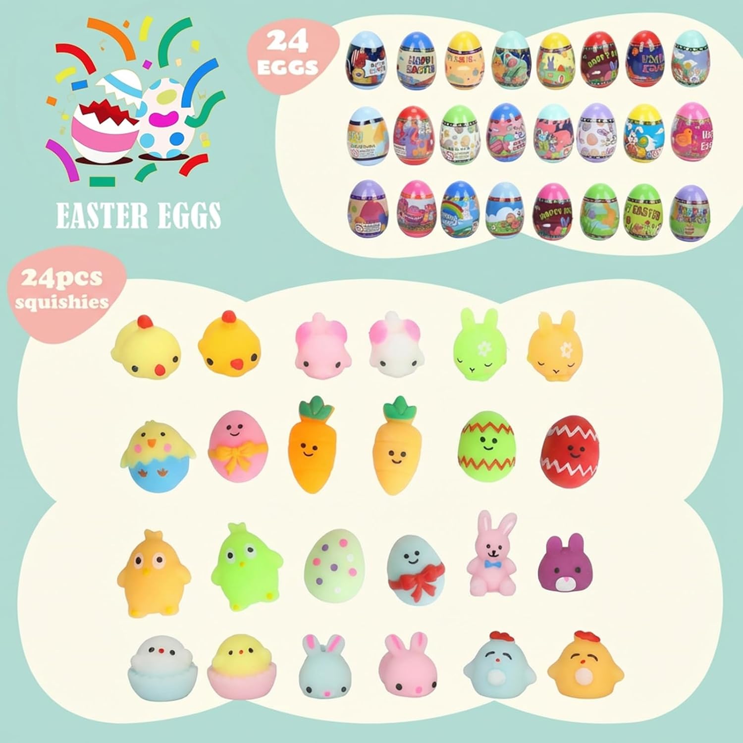 24 Pack Prefilled Easter Eggs with Squishy Toys,Bright Color Plastic Eggs for Kids Boys Girls,Easter Egg Hunt,Easter Basket Stuffers,Party Favors