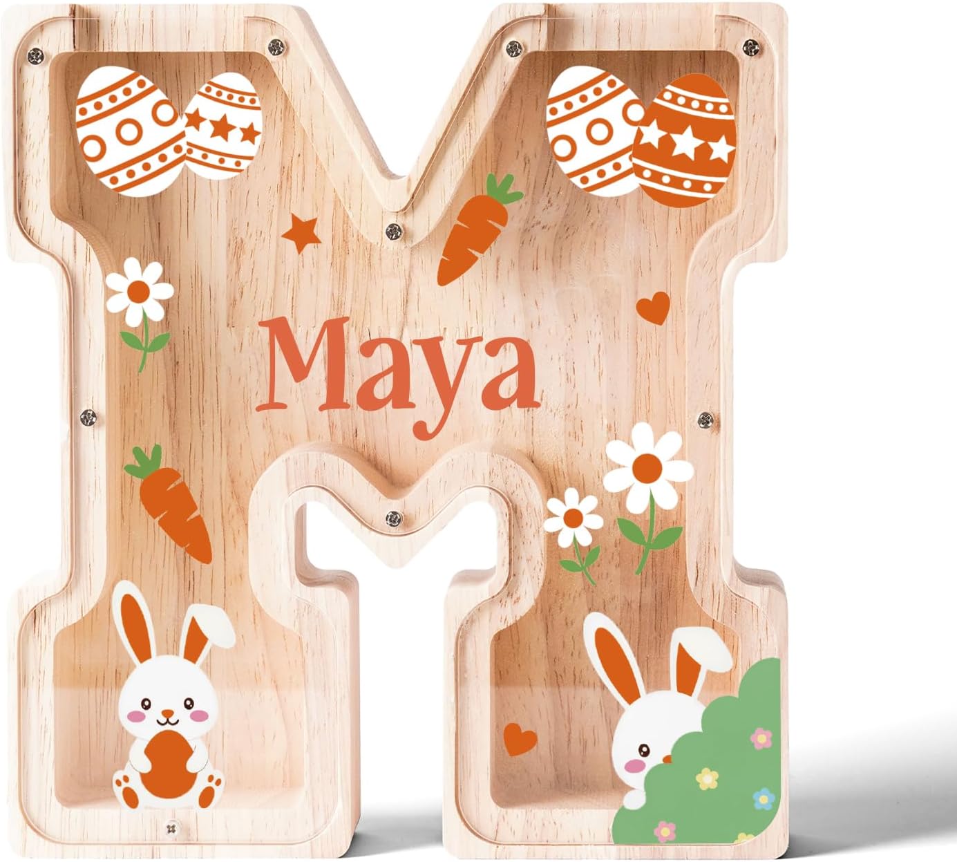 Personalized Easter Bunny Piggy Bank for Kids - Custom Name Wooden Rabbit Coin Bank | Educational Money Saving Jar | Easter Basket Stuffers Birthday Gifts for Girls Boys (M)