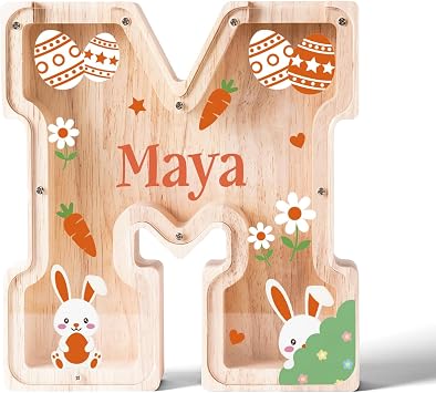 Personalized Easter Bunny Piggy Bank for Kids - Custom Name Wooden Rabbit Coin Bank | Educational Money Saving Jar | Easter Basket Stuffers Birthday Gifts for Girls Boys M