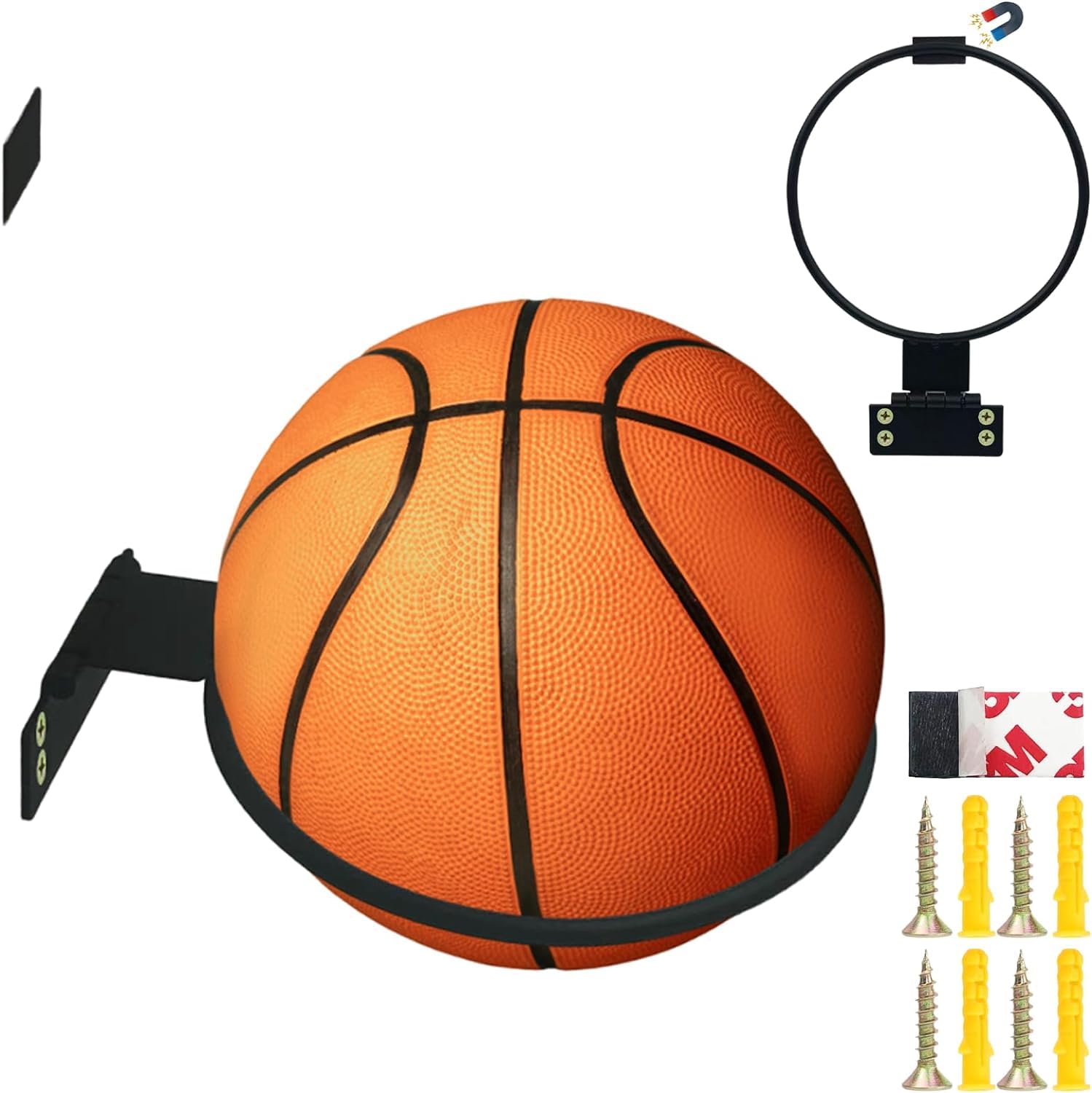 2 Pack Basketball Holder Wall Mount, Foldable Basketball Holder includes Self-Adhesive Magnetic Sheet, Space-saving Sports Ball Storage, Metal Ball Storage Rack